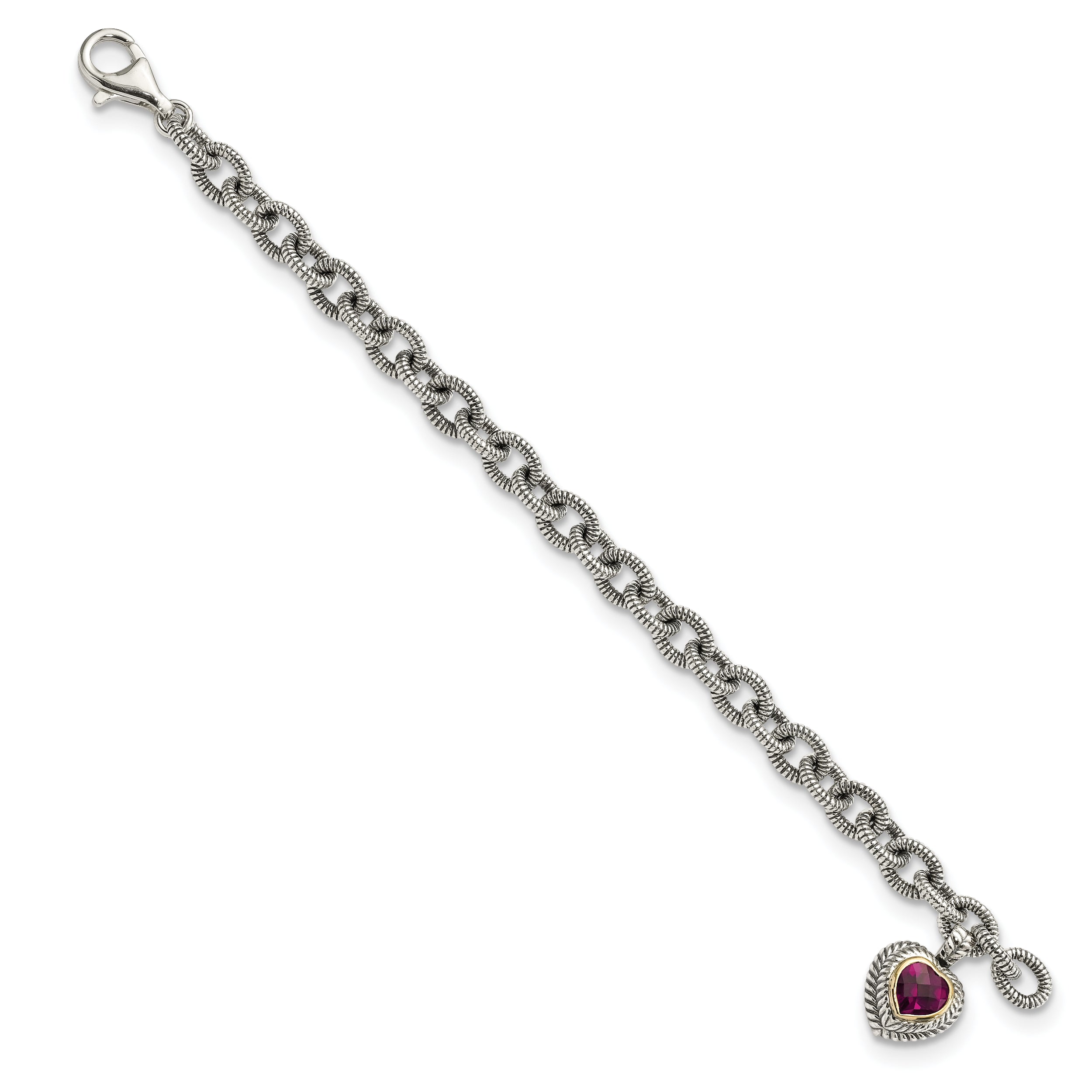 Shey Couture Sterling Silver with 14K Accent 7.5 Inch Antiqued Heart Bezel Rhodolite Garnet Bracelet - 7.5