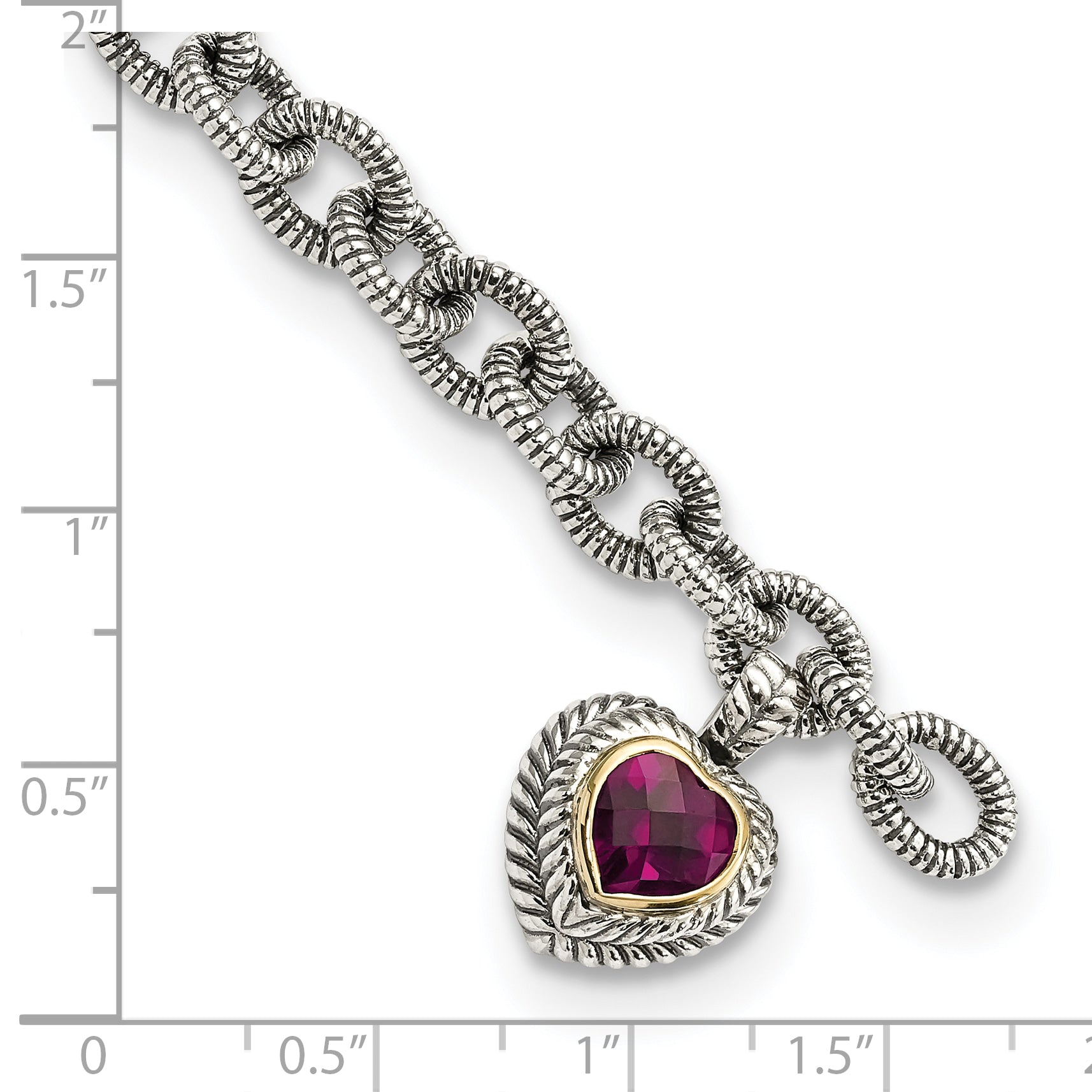 Shey Couture Sterling Silver with 14K Accent 7.5 Inch Antiqued Heart Bezel Rhodolite Garnet Bracelet - 7.5