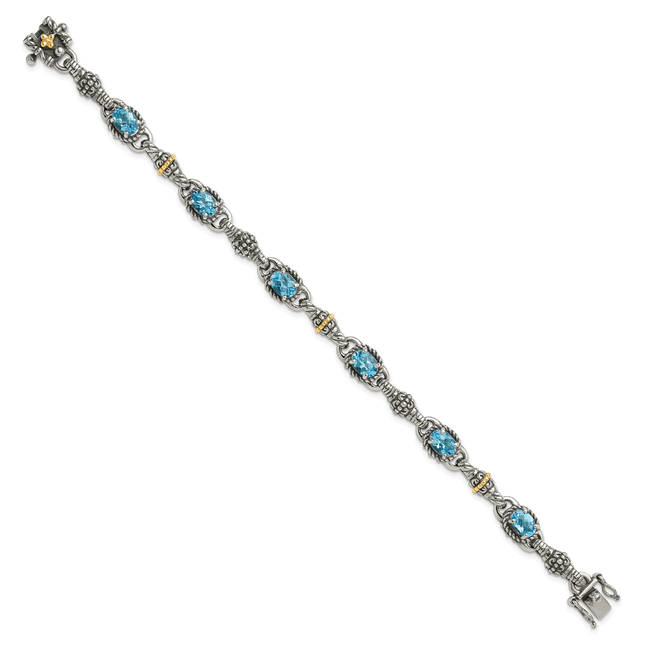 Shey Couture Sterling Silver with 14K Accent 7.25 Inch Antiqued Oval Swiss Blue Topaz Bracelet Secondary image