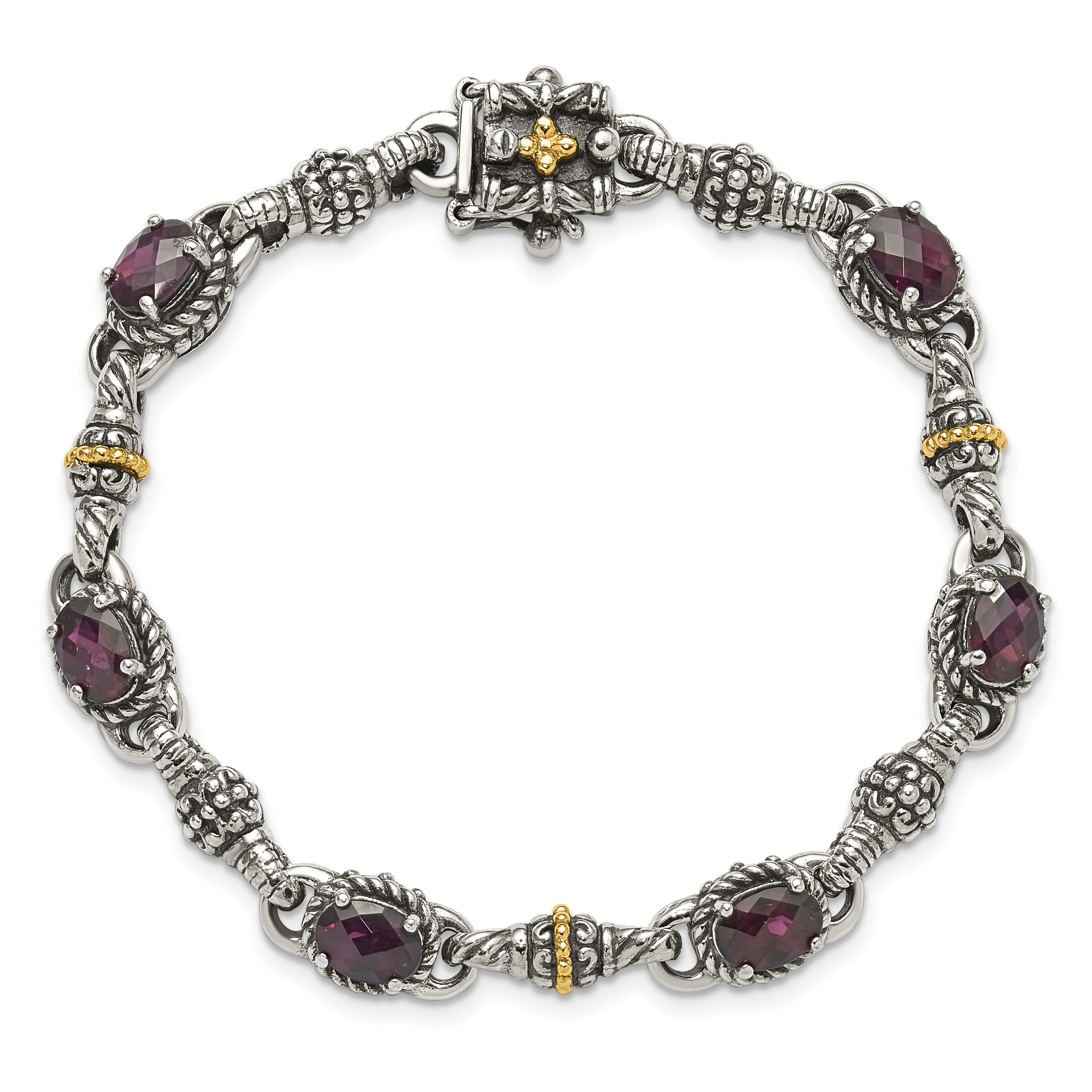Shey Couture Sterling Silver with 14K Accent 7.25 Antiqued Rhodolite Oval Garnet Bracelet - 7.25