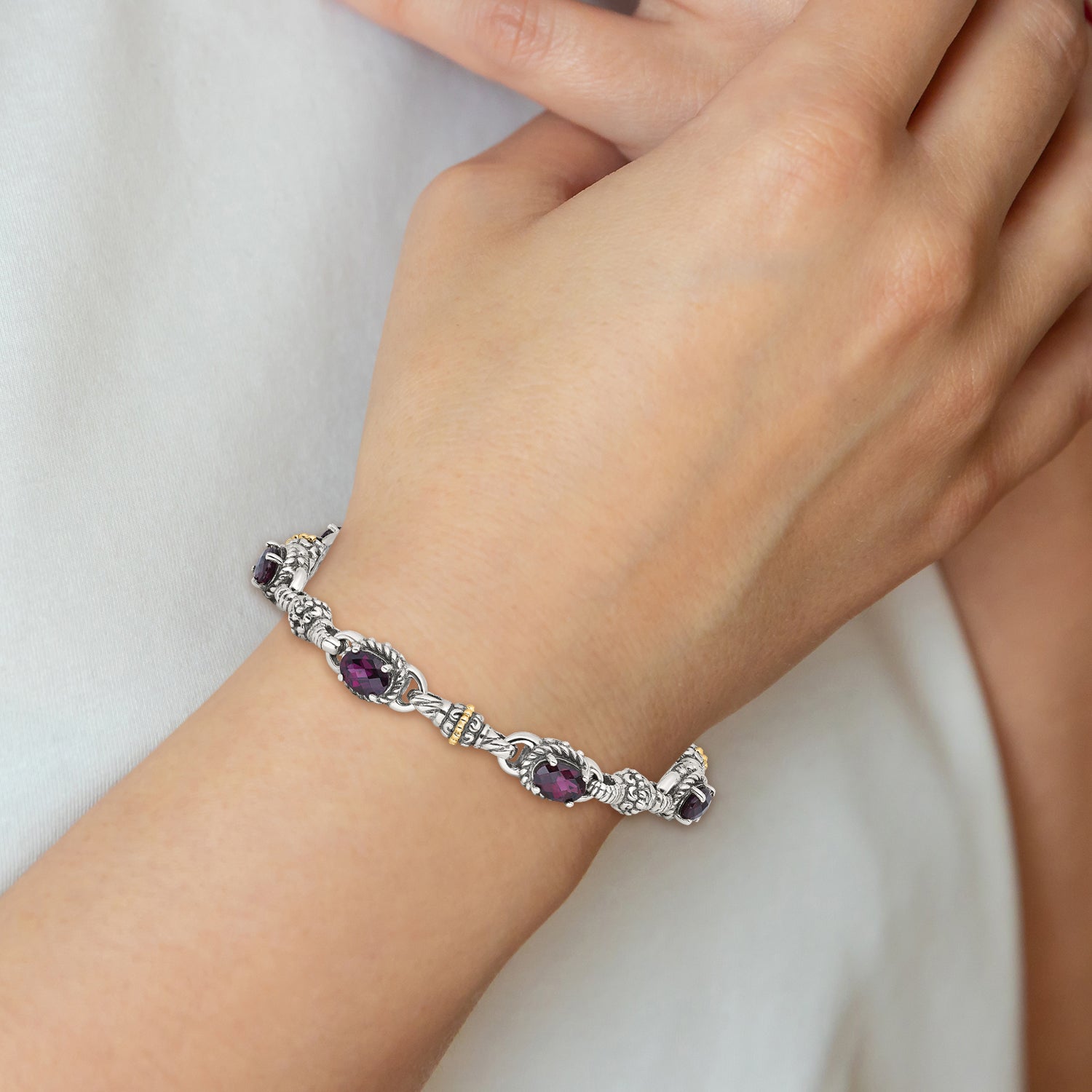 Shey Couture Sterling Silver with 14K Accent 7.25 Antiqued Rhodolite Oval Garnet Bracelet - 7.25