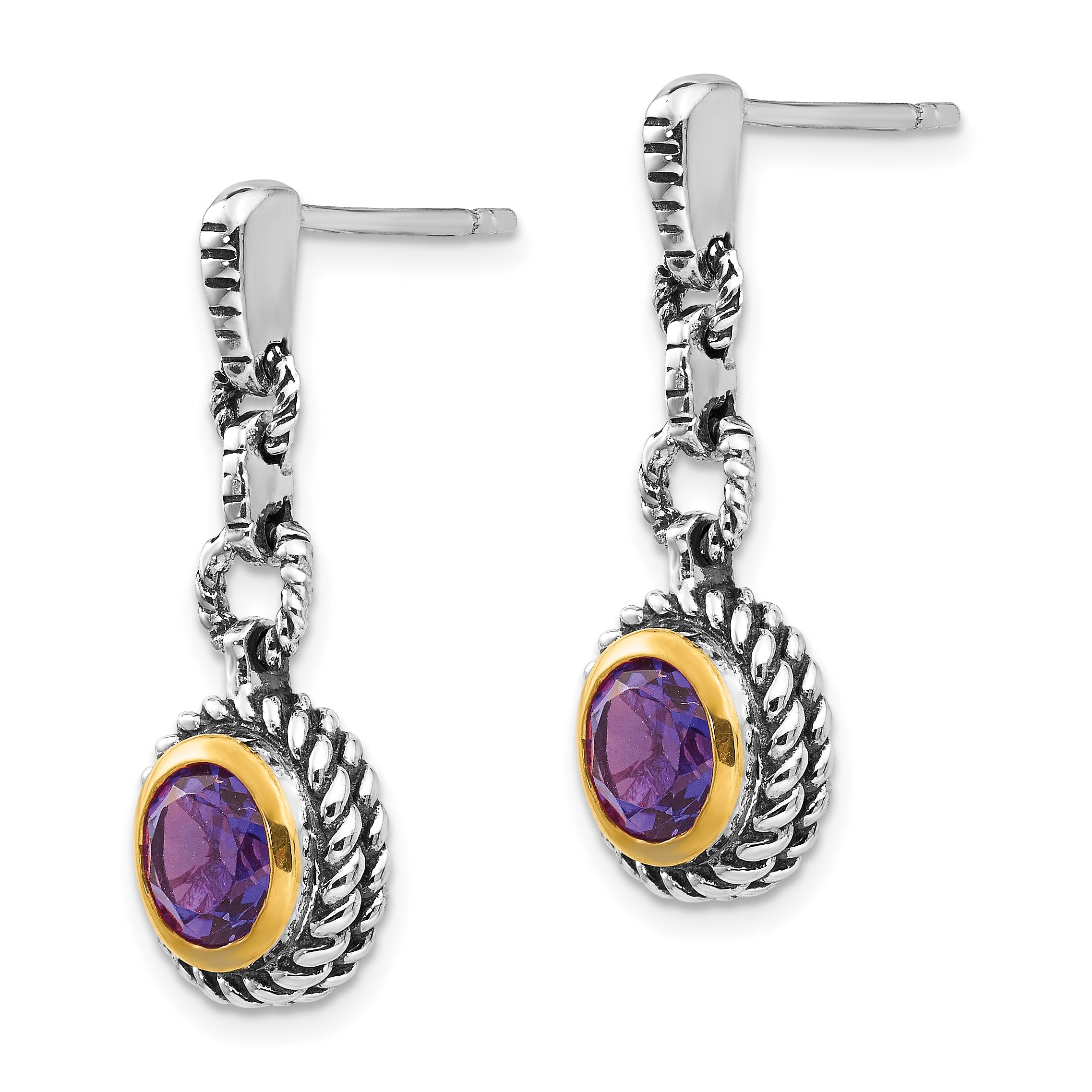 Sterling Silver Gold-tone Amethyst Dangle Earrings with Antiqued Bezel Secondary image
