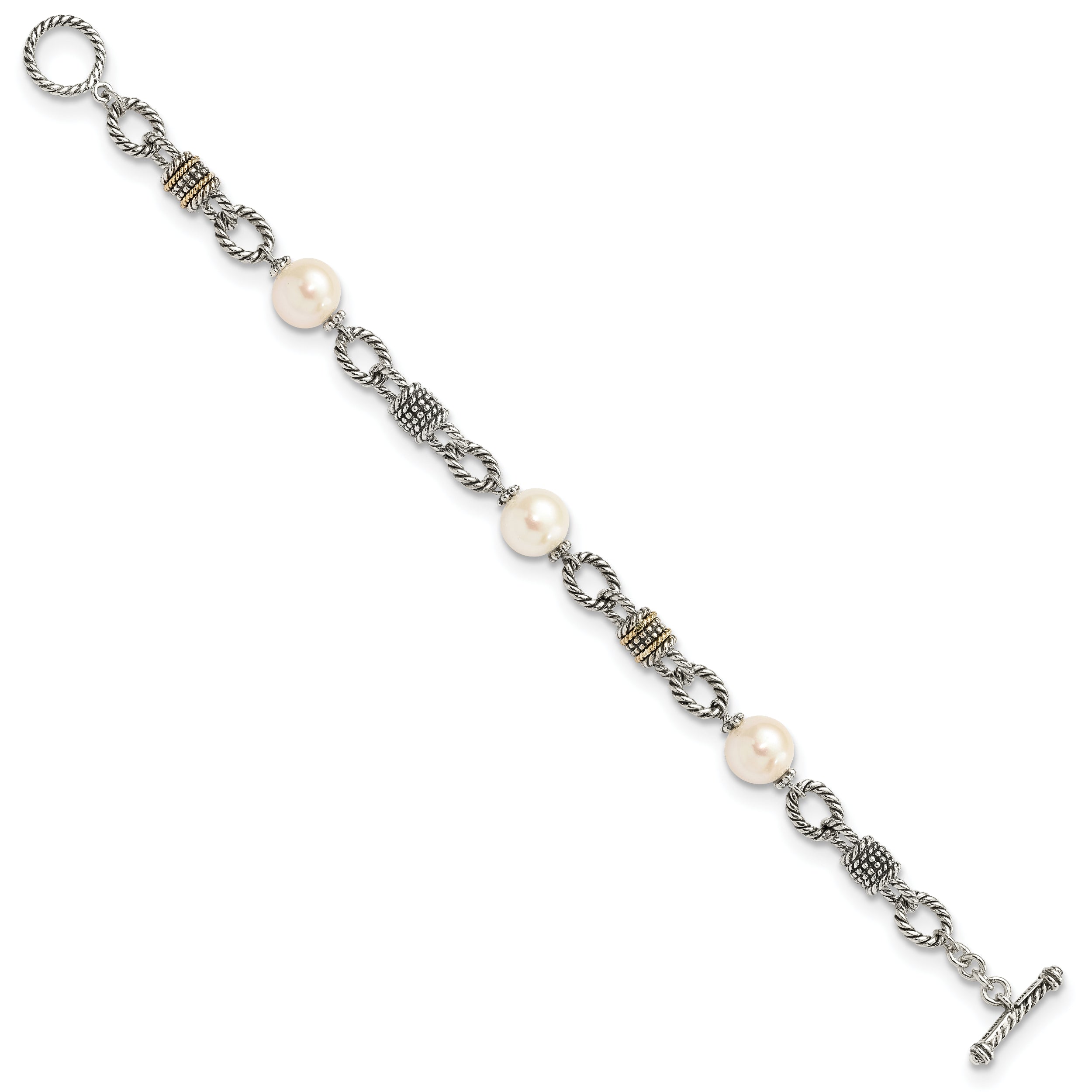 Shey Couture Sterling Silver with 14K Accent 7.5 Inch Antiqued 10-10.5mm Freshwater Cultured Pearl Bracelet - 7.5