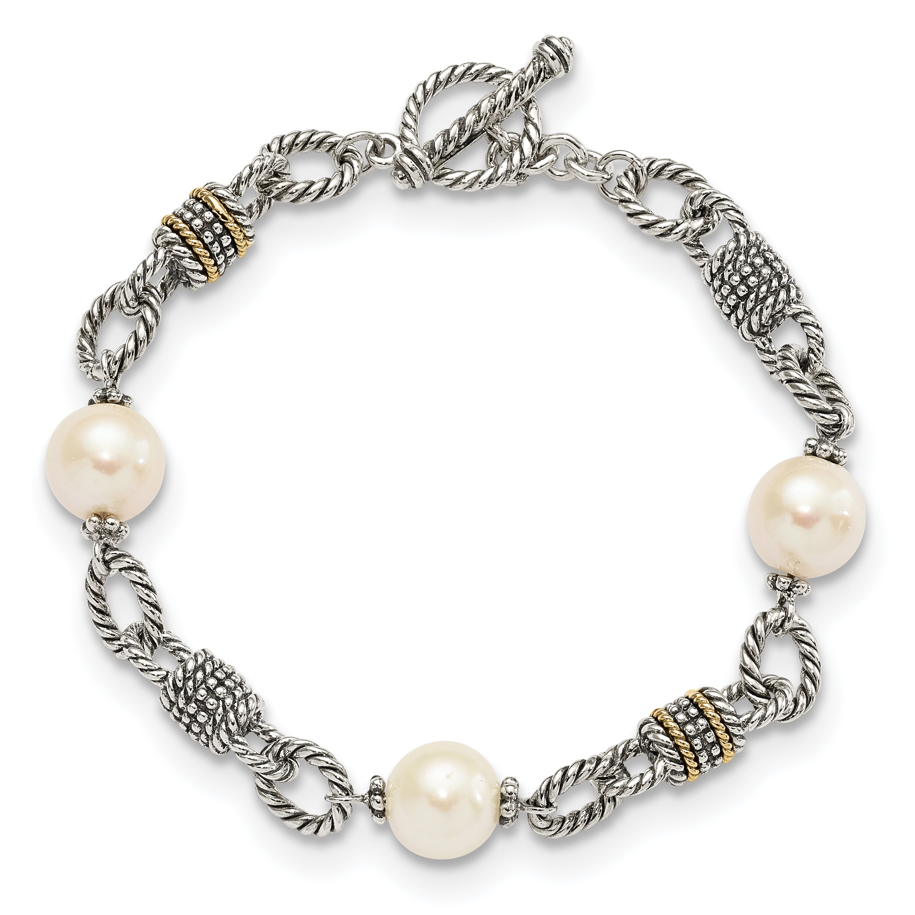 Shey Couture Sterling Silver with 14K Accent 7.5 Inch Antiqued 10-10.5mm Freshwater Cultured Pearl Bracelet - 7.5