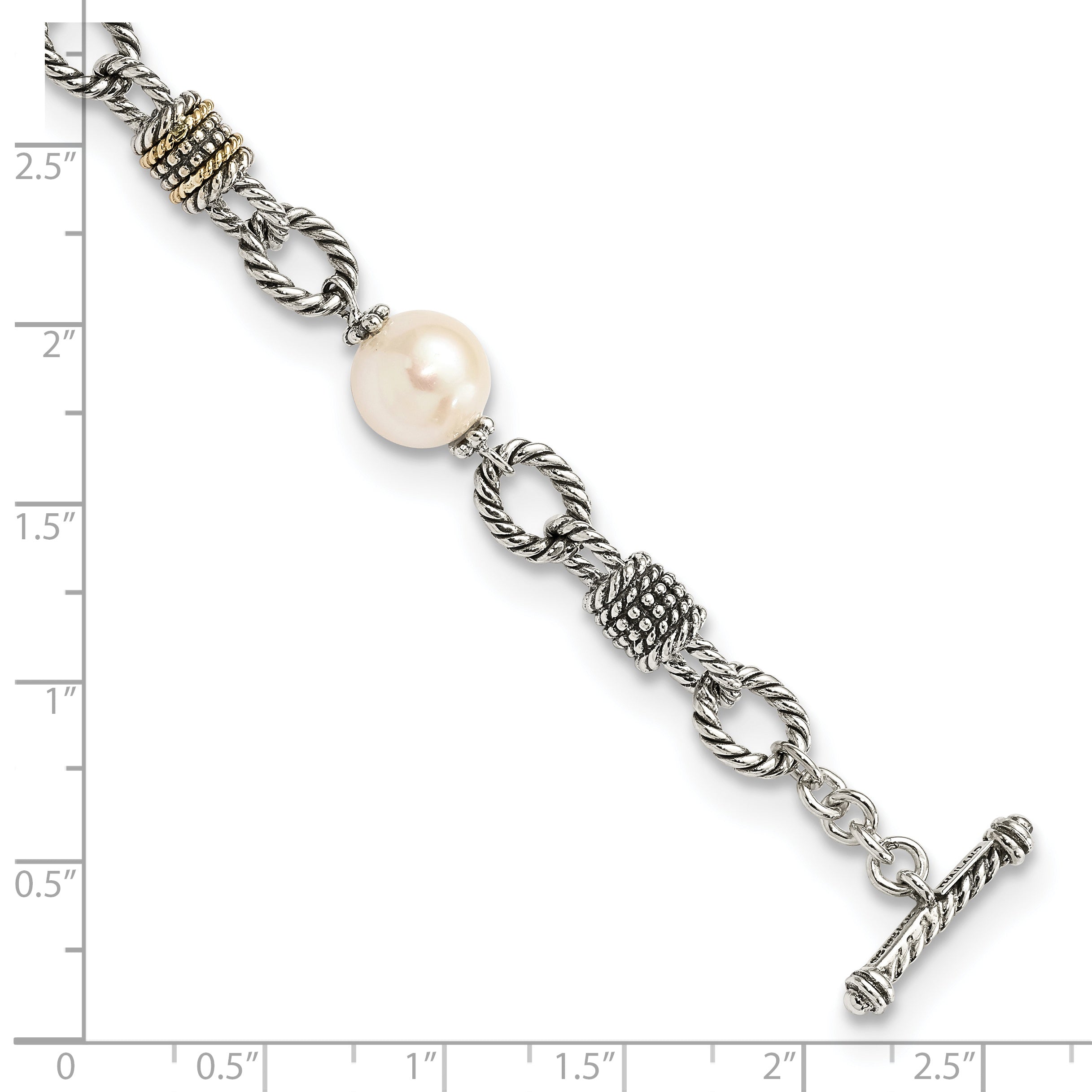 Shey Couture Sterling Silver with 14K Accent 7.5 Inch Antiqued 10-10.5mm Freshwater Cultured Pearl Bracelet