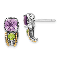 Shey Couture Sterling Silver with 14K Accent Antiqued Cushion 1.50 Amethyst and .24 Peridot Post Earrings