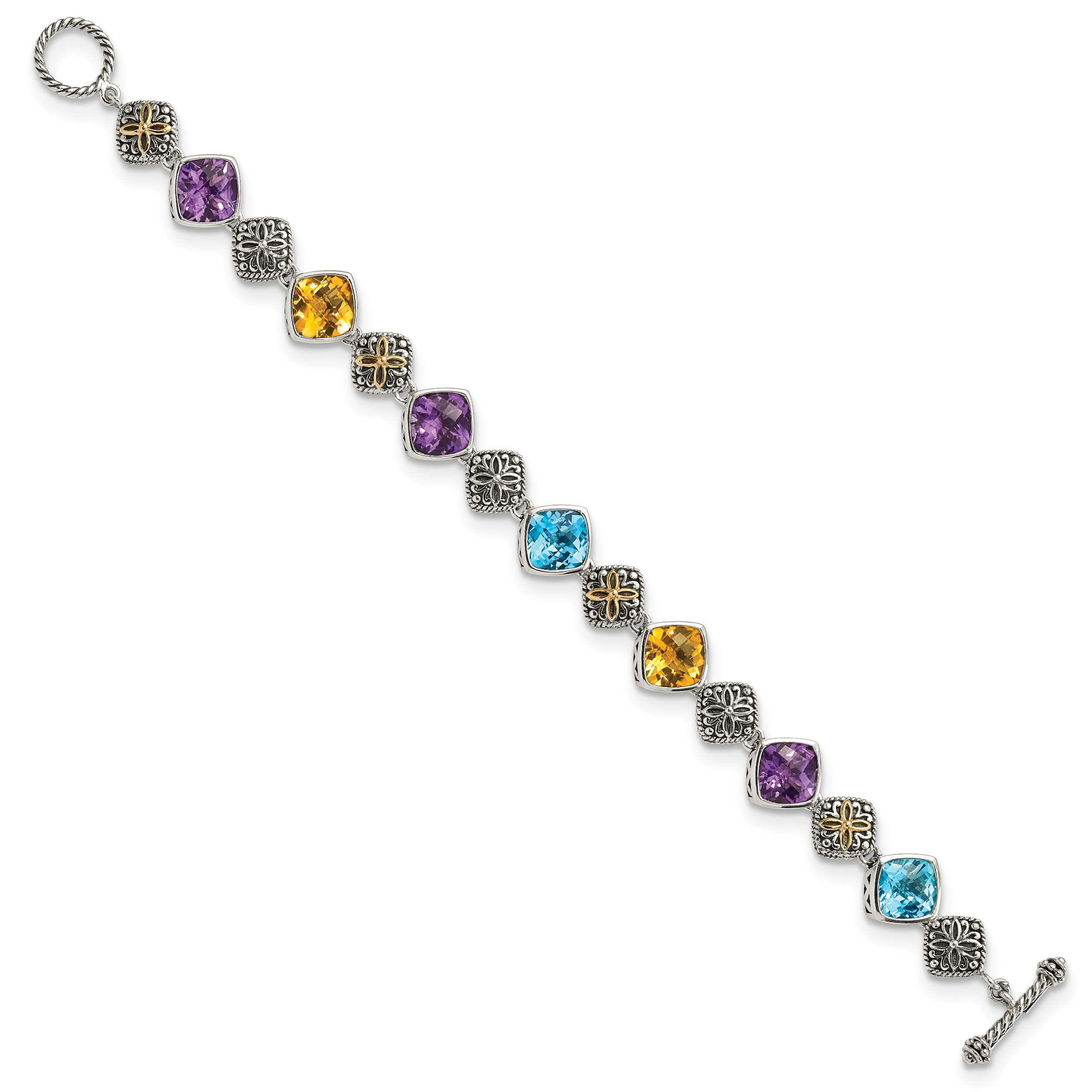 Shey Couture Sterling Silver with 14K Accent 8.25 Inch Antiqued Cushion Bezel 7.95Amethyst/7.1Blue Topaz/5.3Citrine Bracelet Secondary image