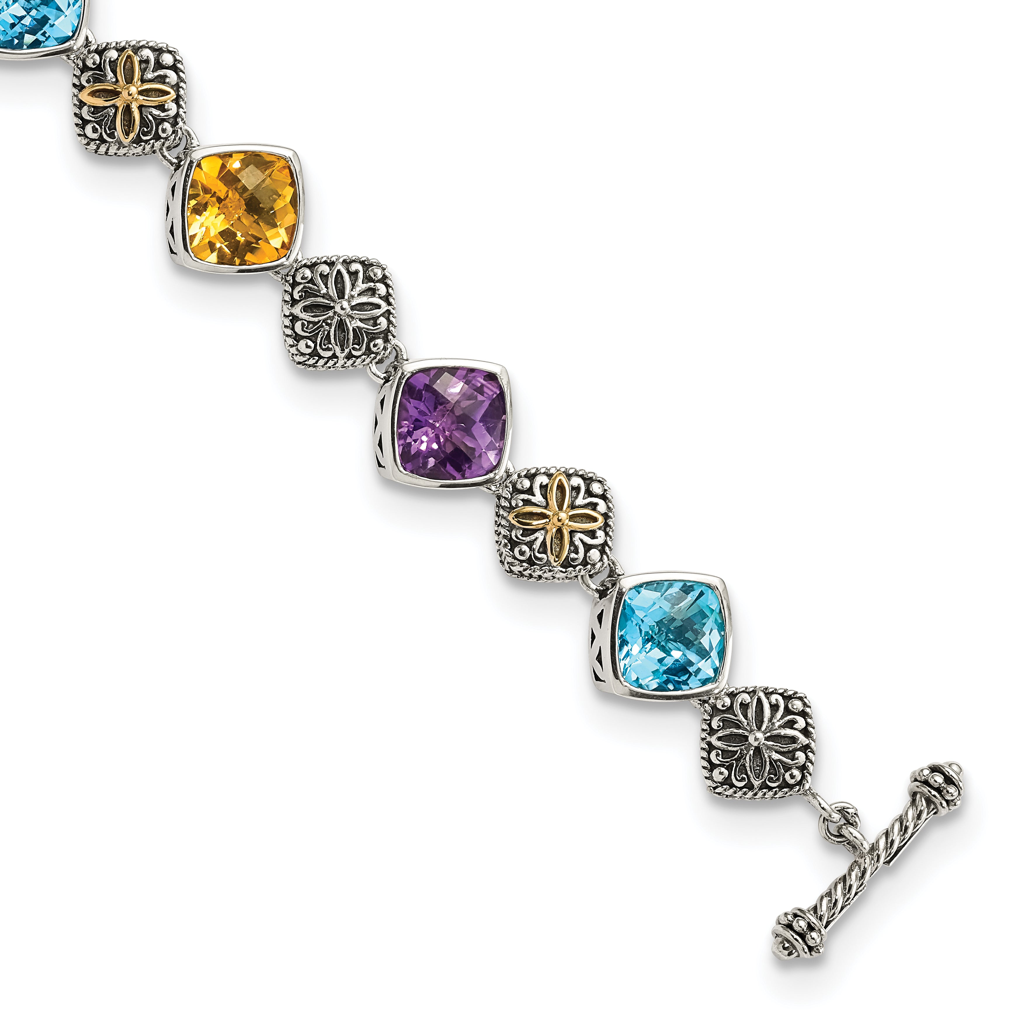 Shey Couture Sterling Silver with 14K Accent 8.25 Inch Antiqued Cushion Bezel 7.95Amethyst/7.1Blue Topaz/5.3Citrine Bracelet Main image