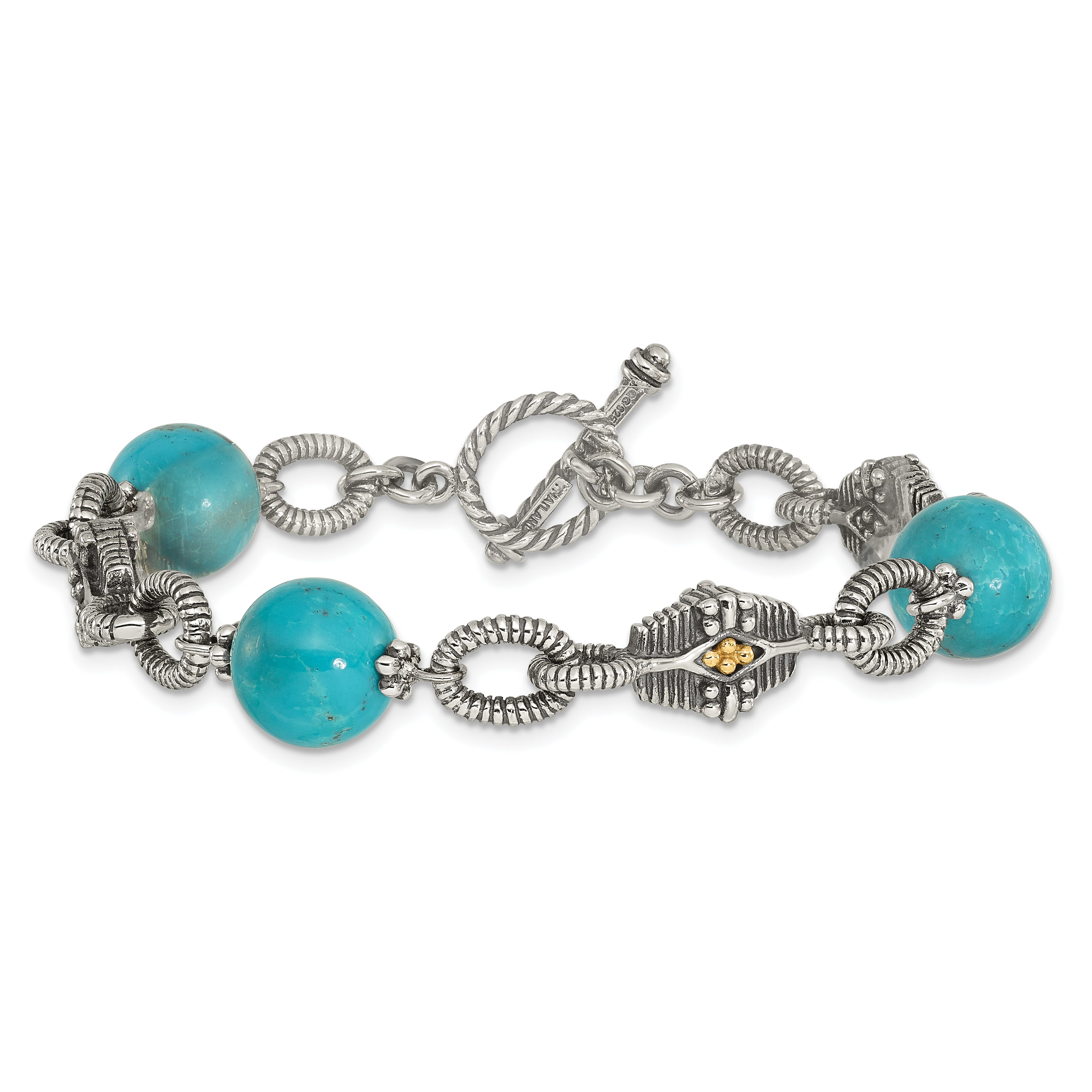 Shey Couture Sterling Silver with 14K Accent 7.25 Inch Antiqued Reconstructed Turquoise Bracelet