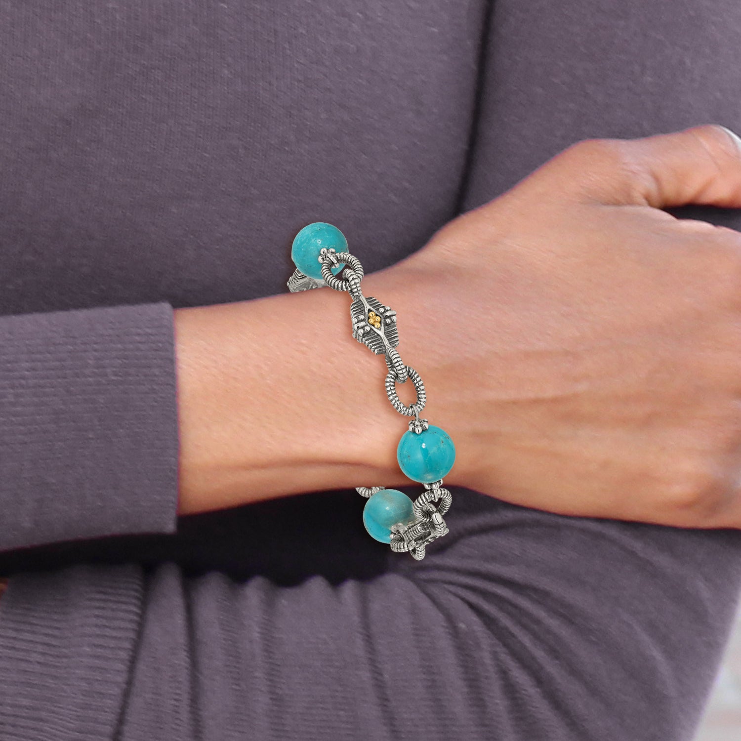 Shey Couture Sterling Silver with 14K Accent 7.25 Inch Antiqued Reconstructed Turquoise Bracelet