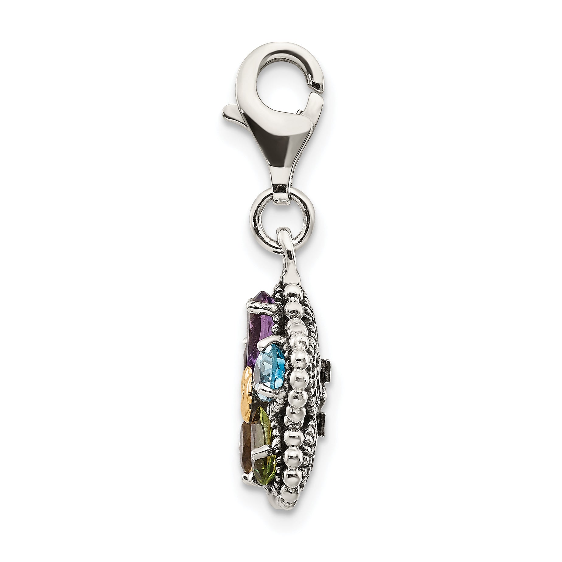 Shey Couture Sterling Silver with 14K Accent Antiqued Pear Shaped Amethyst Citrine Blue Topaz Peridot and Garnet Multicolored Gemstone Flower with Lobster Clasp Charm Secondary image