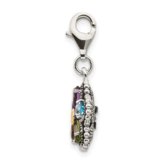 Shey Couture Sterling Silver with 14K Accent Antiqued Pear Shaped Amethyst Citrine Blue Topaz Peridot and Garnet Multicolored Gemstone Flower with Lobster Clasp Charm