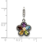 Shey Couture Sterling Silver with 14K Accent Antiqued Pear Shaped Amethyst Citrine Blue Topaz Peridot and Garnet Multicolored Gemstone Flower with Lobster Clasp Charm