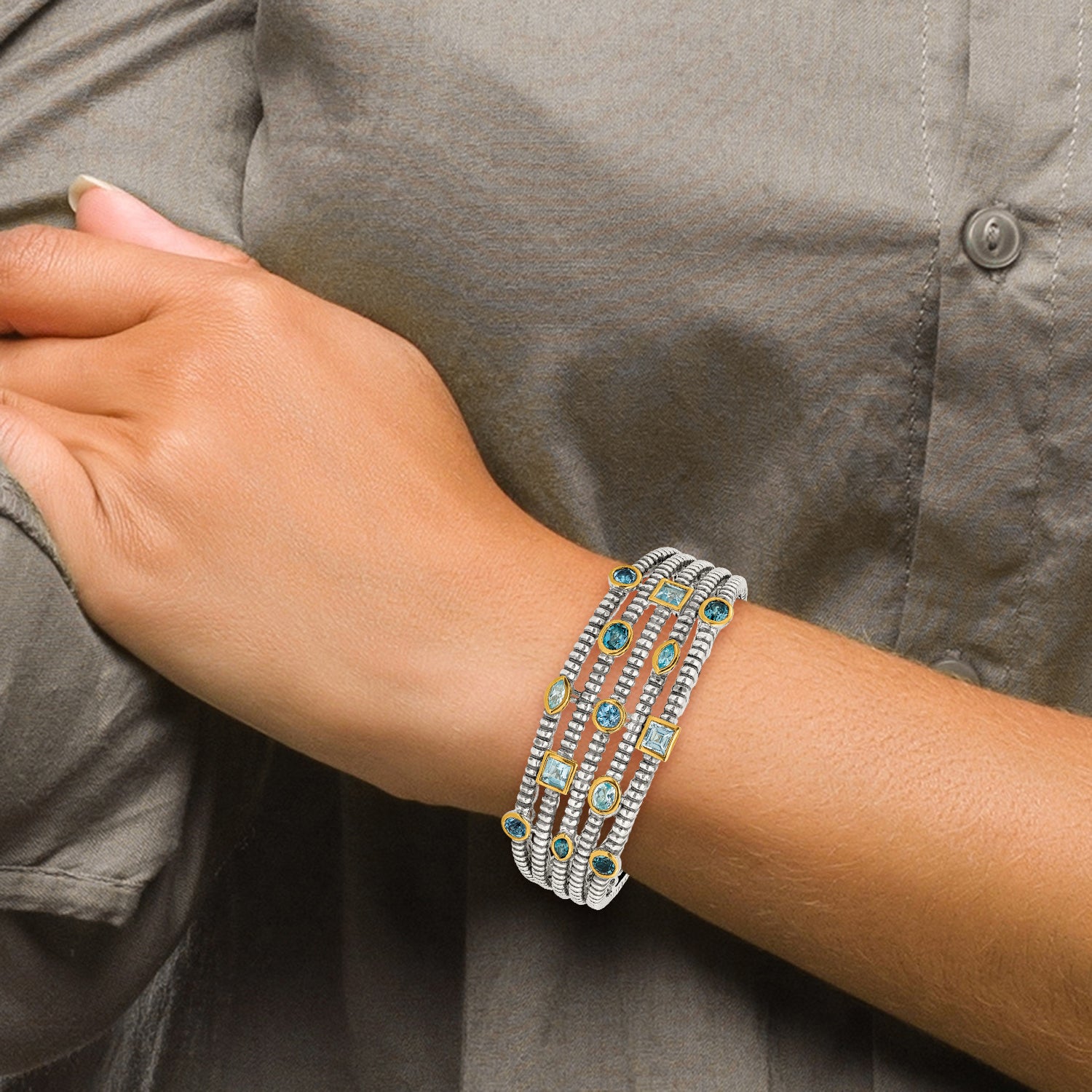Sterling Silver Gold-Plated Blue Topaz Women's Cuff Bracelet by Shey Couture