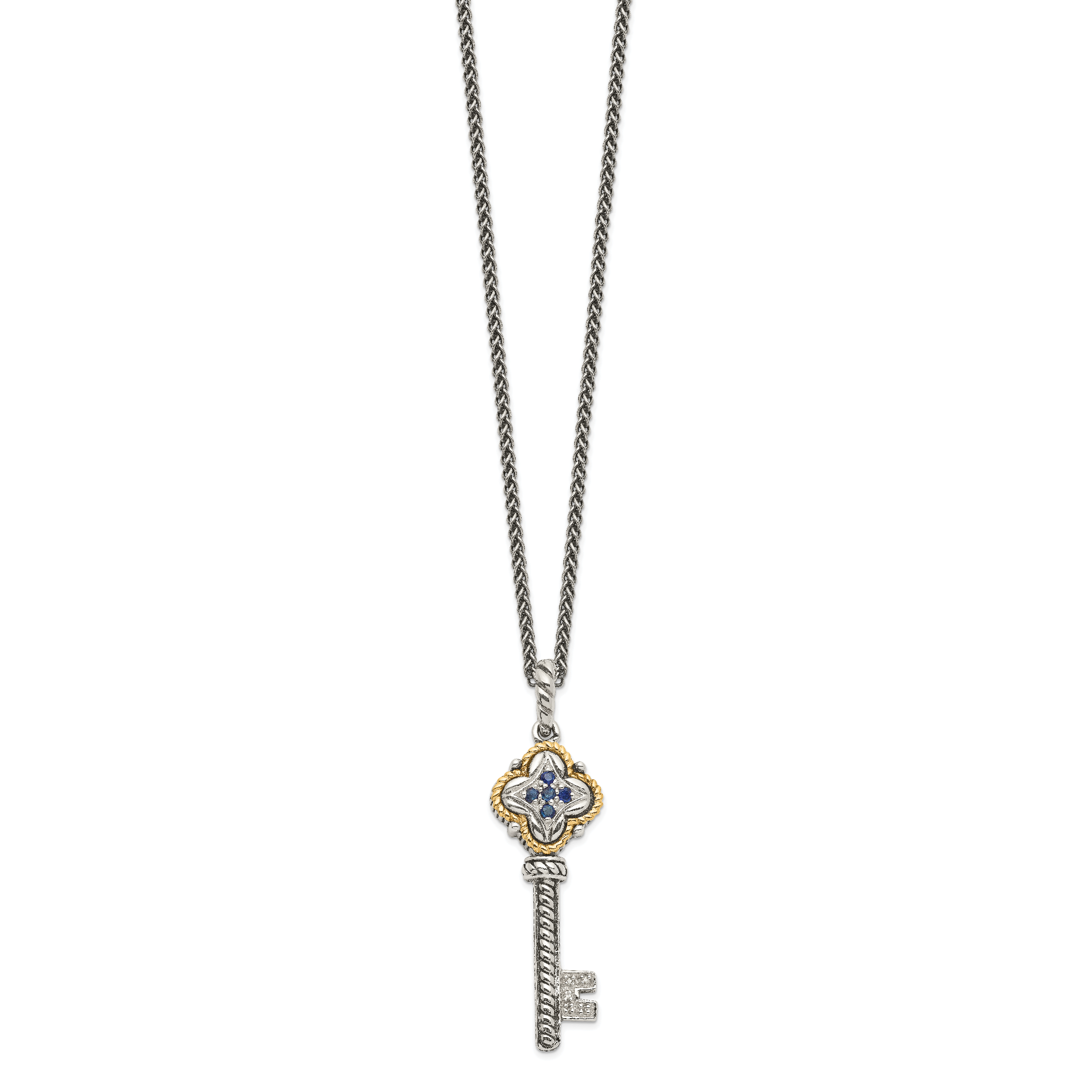 Shey Couture Sterling Silver with 14K Accent 18 Inch Antiqued Sapphire and Diamond Key Necklace Secondary image