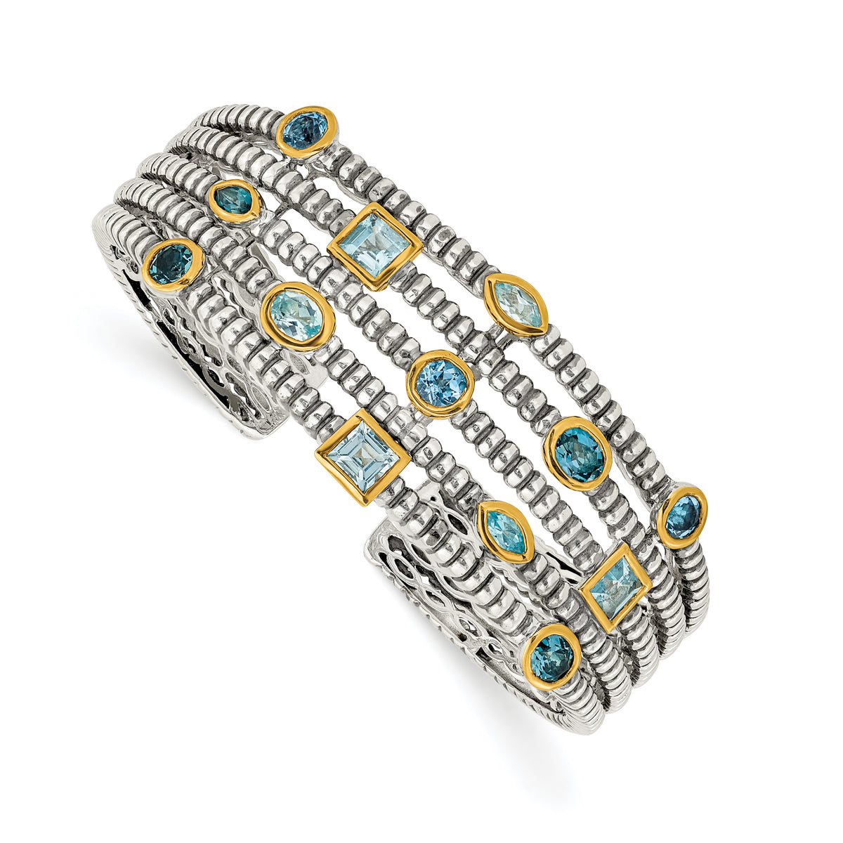 Shey Couture Sterling Silver Gold-tone Flash Gold-plated Antiqued Bezel Sky Blue Swiss and London Blue Topaz Cuff Bracelet