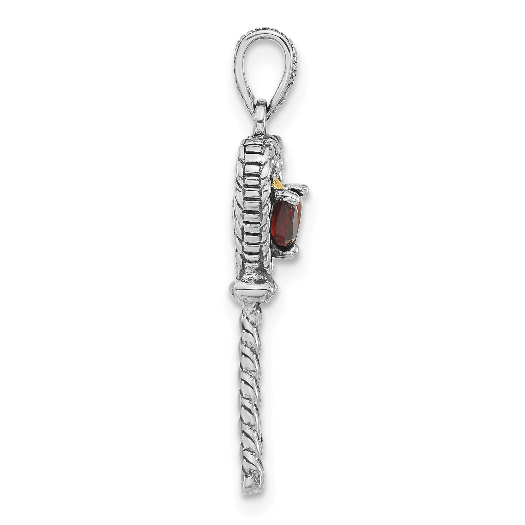 Sterling Silver With 14K Accent Polished & Antiqued Garnet Key Pendant Secondary image