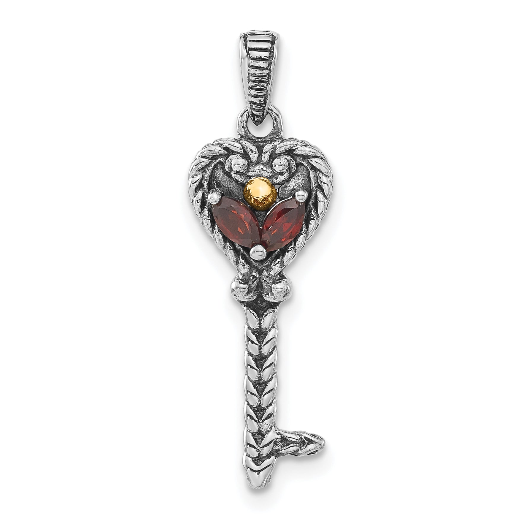 Sterling Silver w/14k Accent Polished & Antiqued Garnet Key Pendant Main image