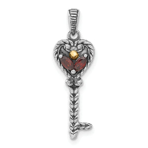 Garnet Key Pendant in Sterling Silver with 14K Gold Accent, 28mm (0.08 ct. tw.) - Sophia Jewelers