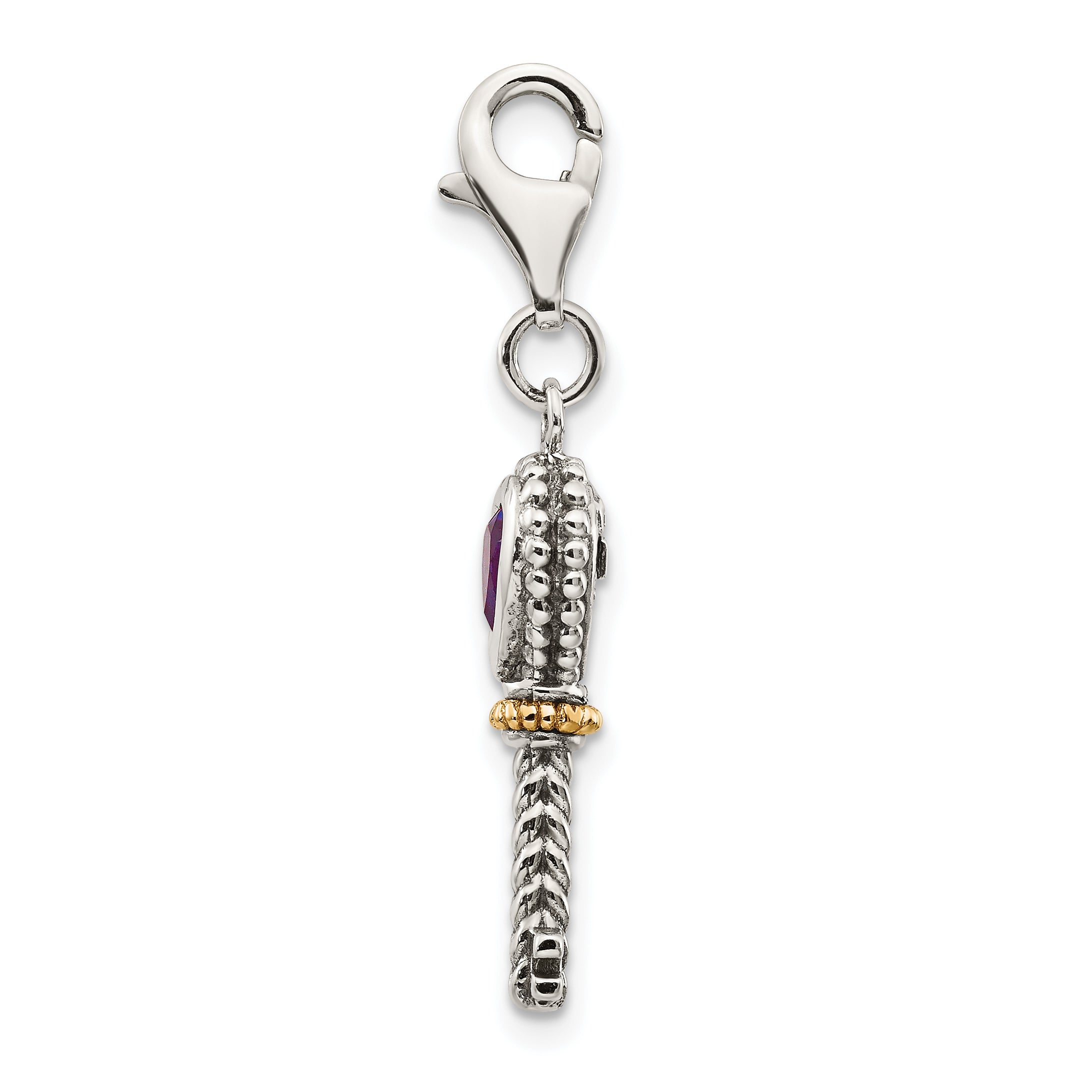 Shey Couture Sterling Silver with 14K Accent Antiqued Heart Amethyst Antiqued Key with Lobster Clasp Charm Secondary image