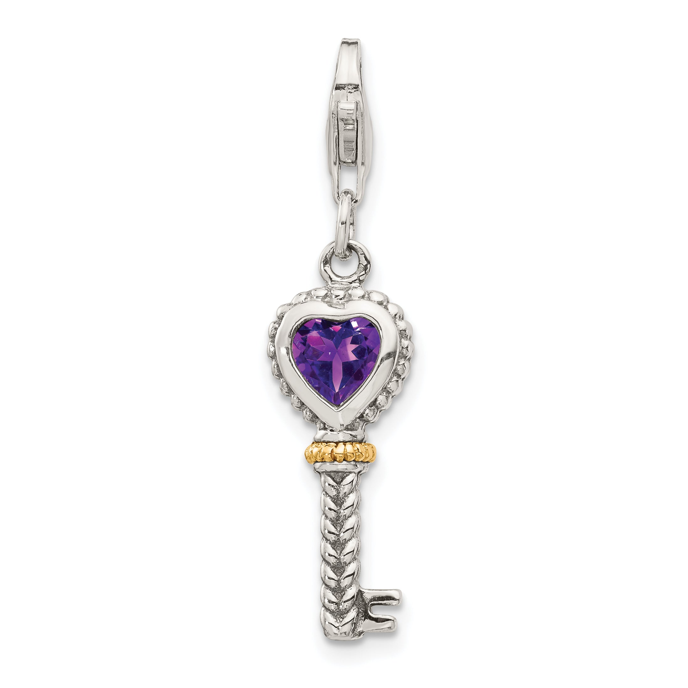 Shey Couture Sterling Silver with 14K Accent Antiqued Heart Amethyst Antiqued Key with Lobster Clasp Charm Main image