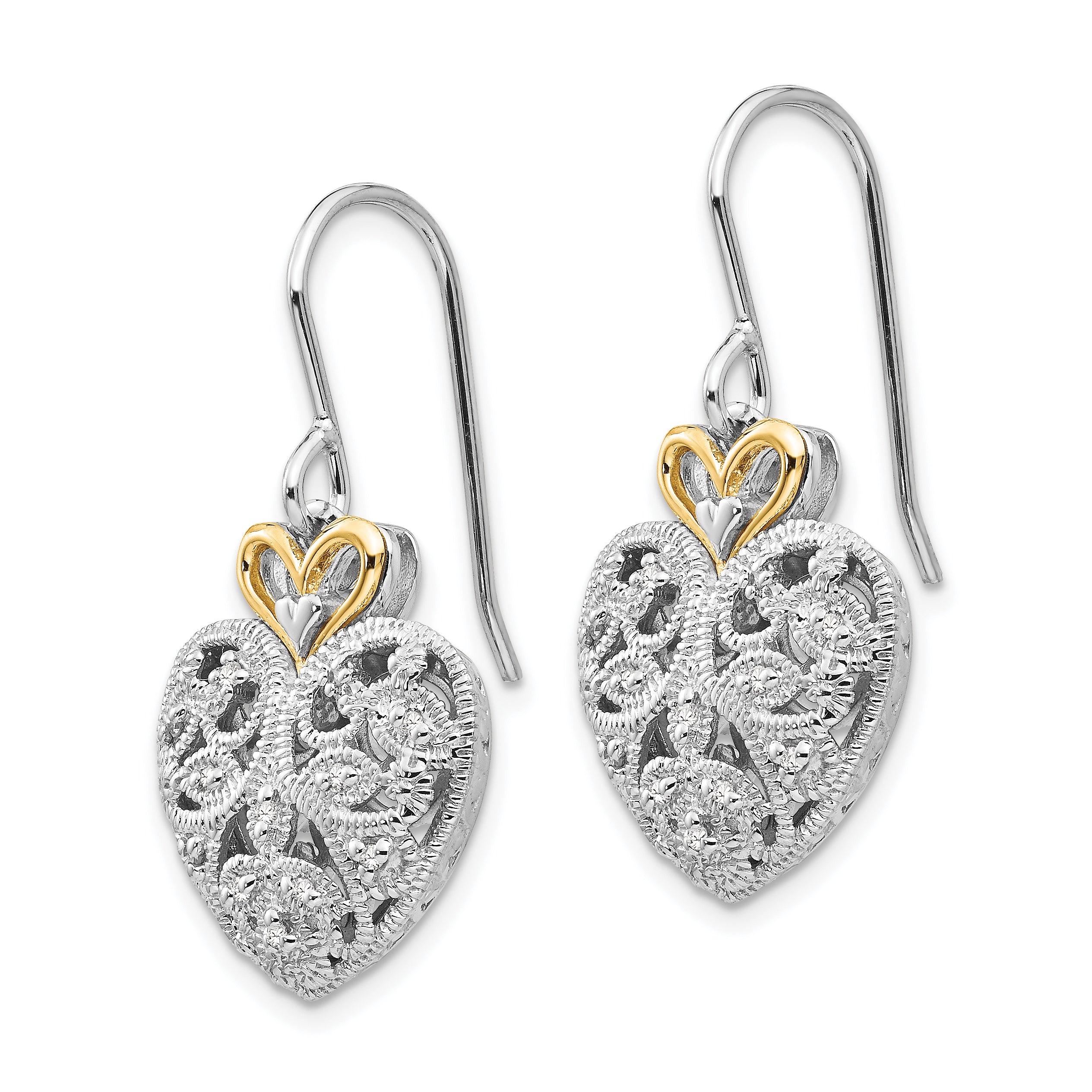 Shey Couture Sterling Silver Rhodium-plated with 14K Accent Diamond Shepherd Hook Dangle Vintage Heart Earrings