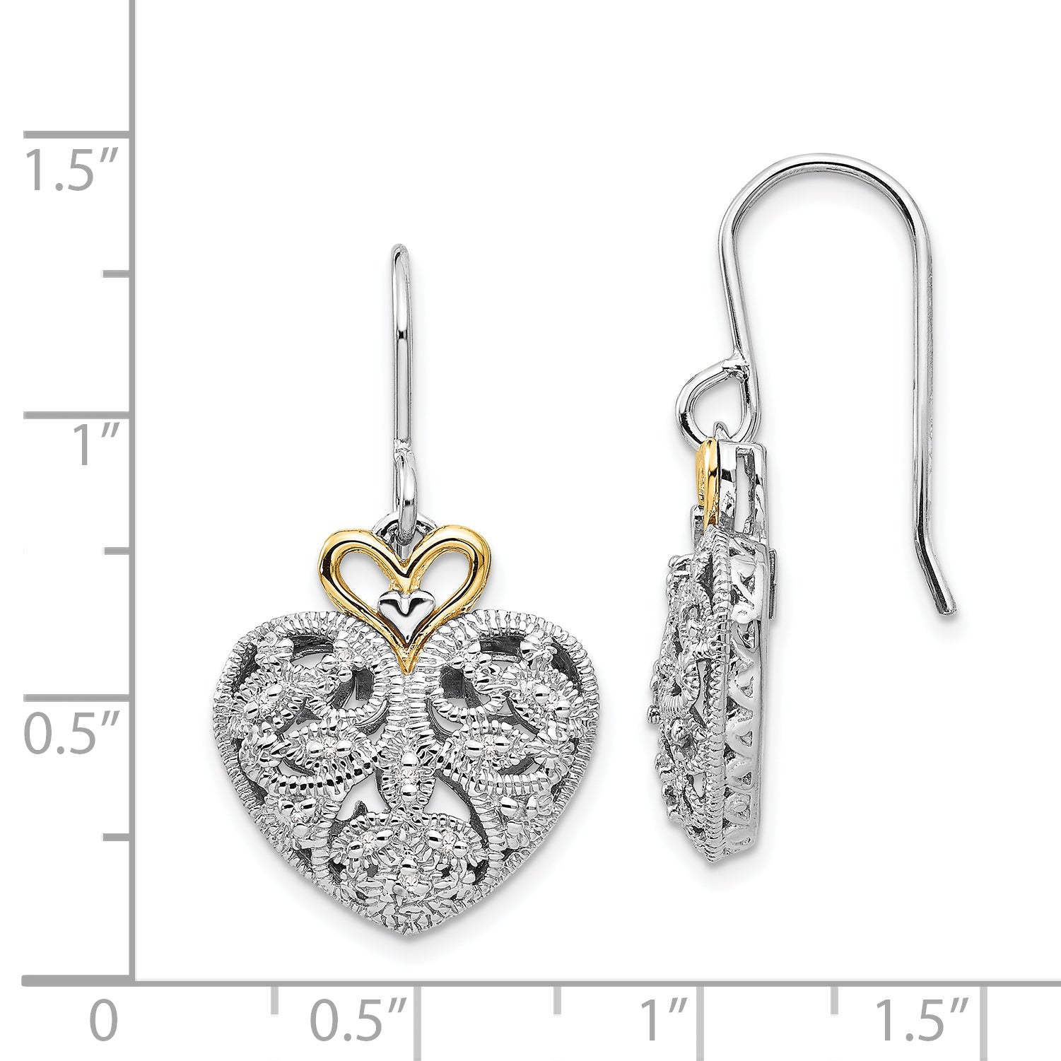 Shey Couture Sterling Silver Rhodium-plated with 14K Accent Diamond Shepherd Hook Dangle Vintage Heart Earrings
