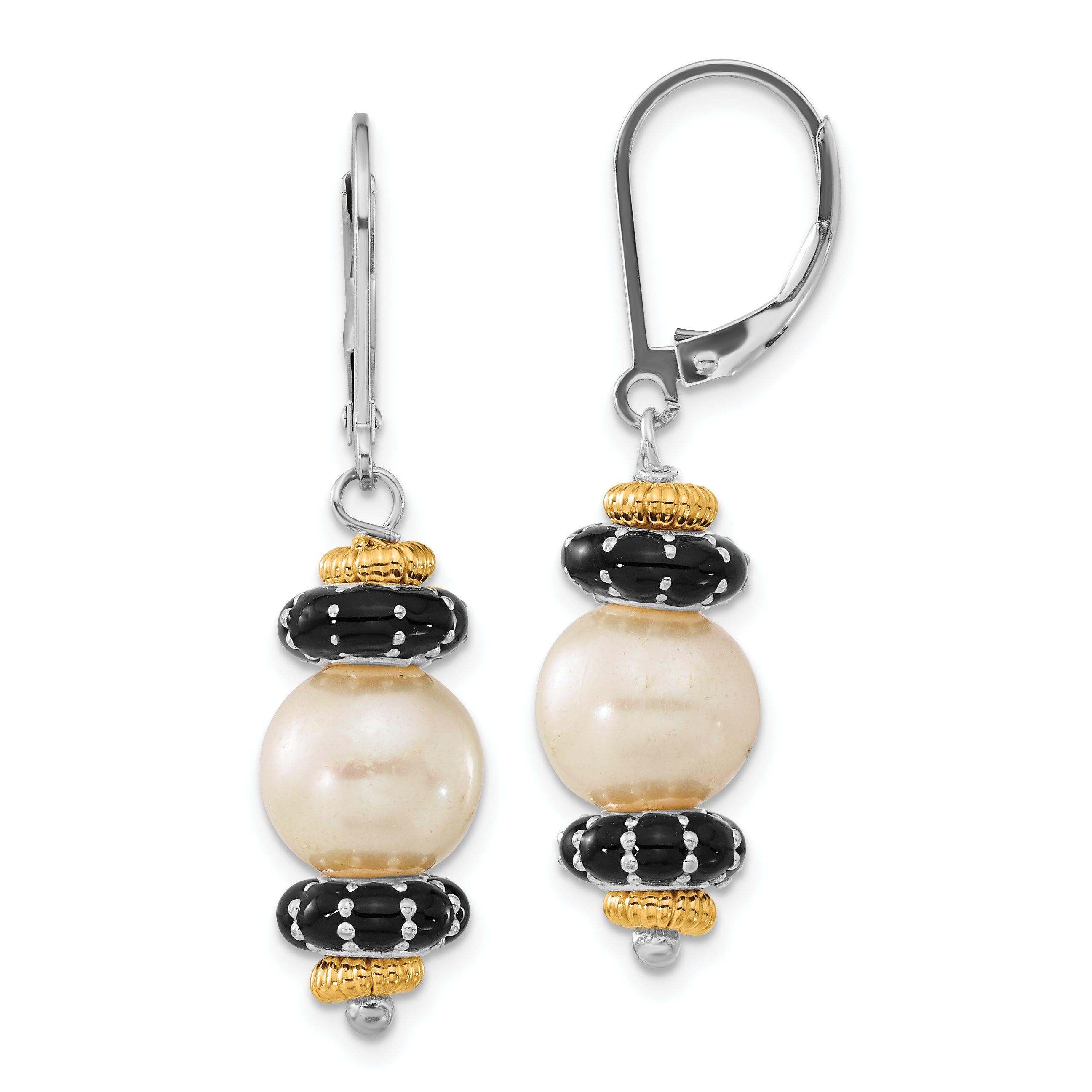 Sterling Silver w/14k Accent Polished Black Enamel & Freshwater Cultured Pearl Leverback Dangle Earrings