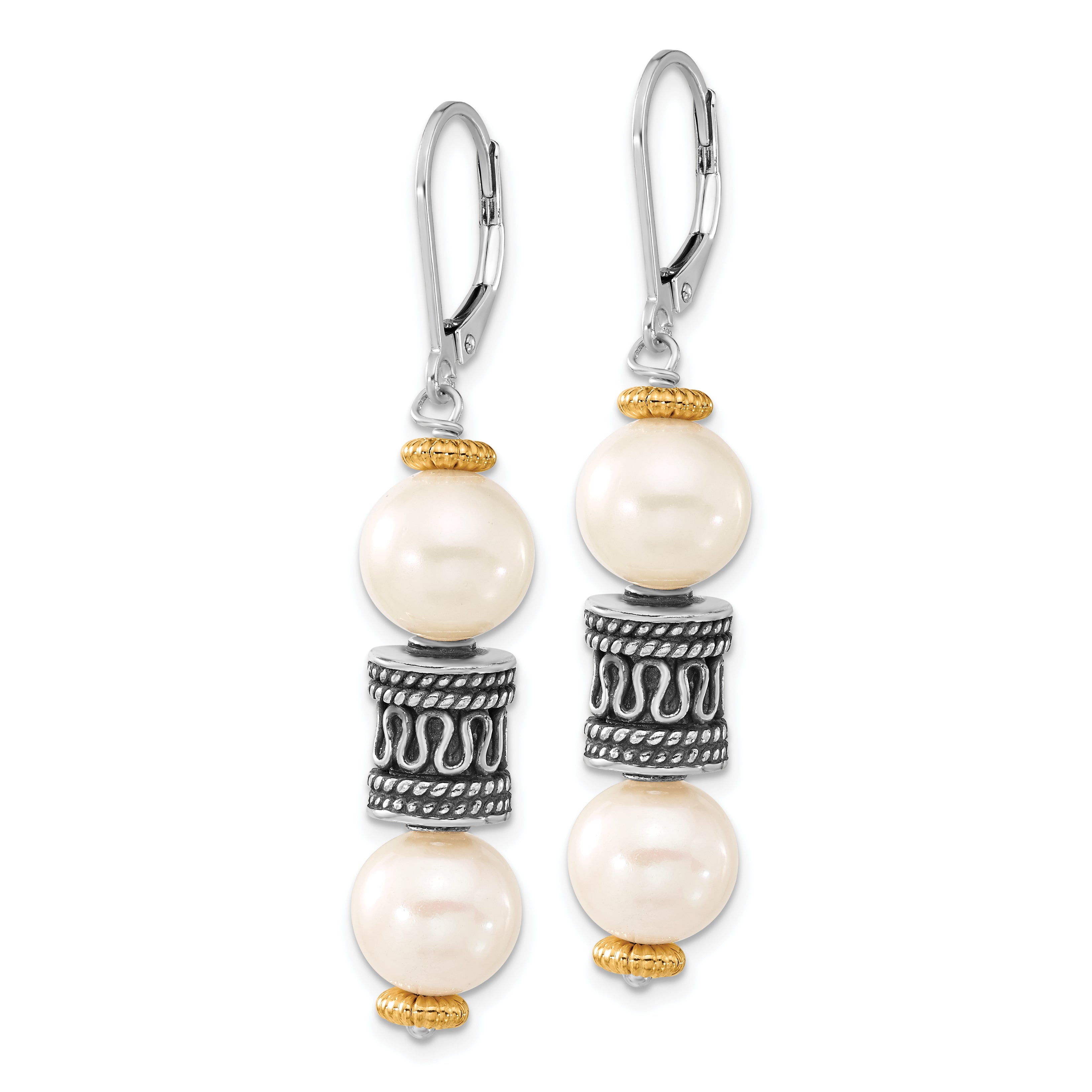 Sterling Silver w/14ky Accent Polished & Antiqued Freshwater Cultured Pearl & Barrel Leverback Dangle Earrings
