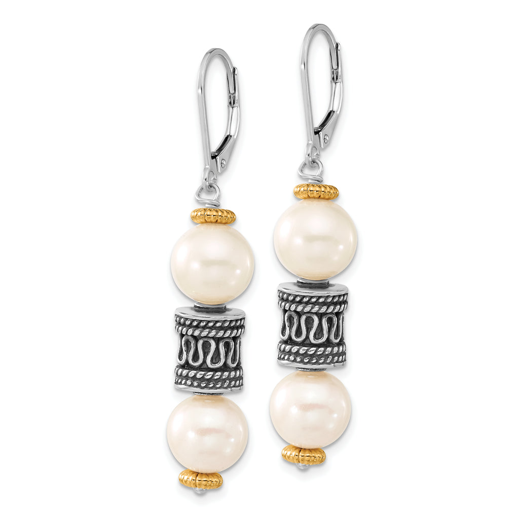 Sophia Jewelers Sterling Silver 14K Gold Pearl Dangle Earrings with Antiqued Finish
