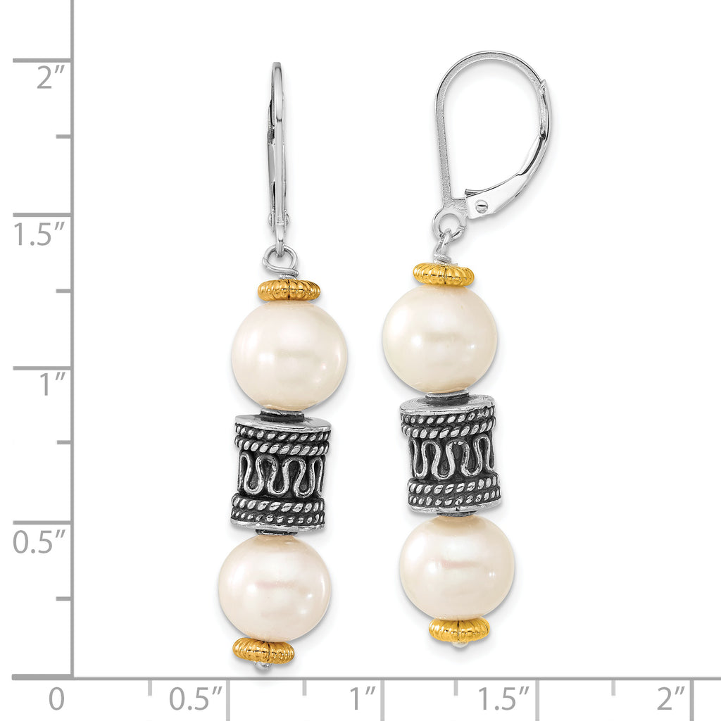 Sophia Jewelers Sterling Silver 14K Gold Pearl Dangle Earrings with Antiqued Finish