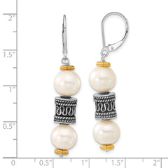 Sterling Silver w/14ky Accent Polished & Antiqued Freshwater Cultured Pearl & Barrel Leverback Dangle Earrings