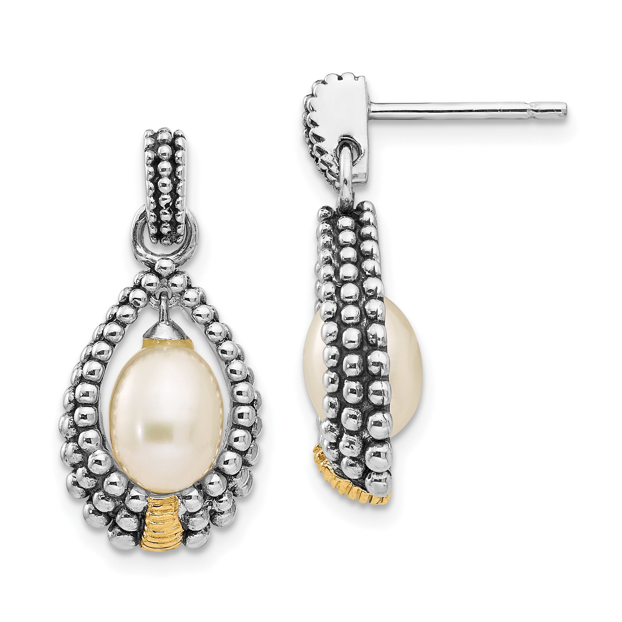 Shey Couture Sterling Silver with 14K Accent Antiqued 7x5mm Freshwater Cultured Pearl Post Drop Earrings Main image