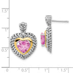 Sterling Silver 14K Gold Pink Sapphire Heart Dangle Earrings