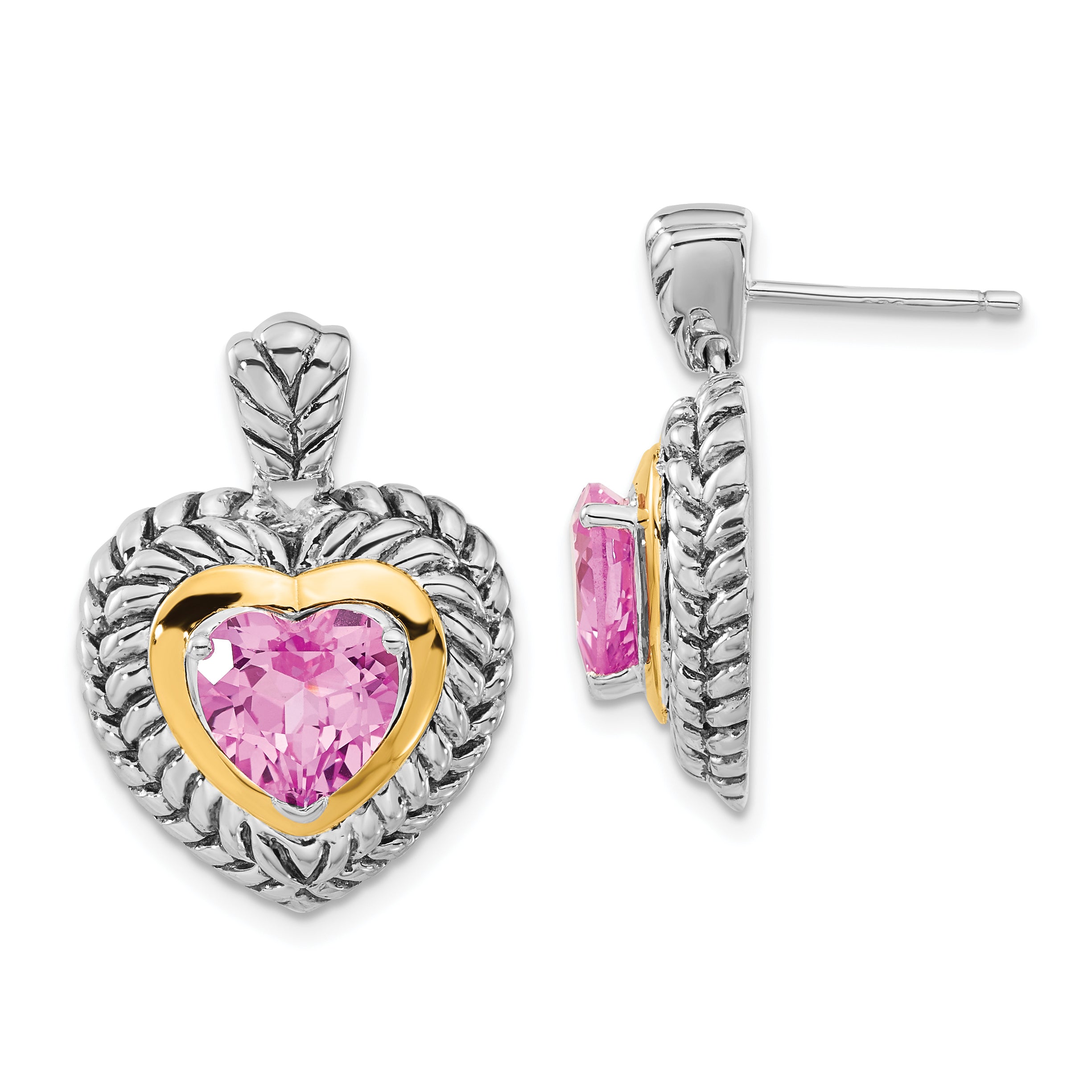 Sterling Silver w/ 14ky Accent Polished & Antiqued Created Pink Sapphire Heart Post Dangle Earrings Main image