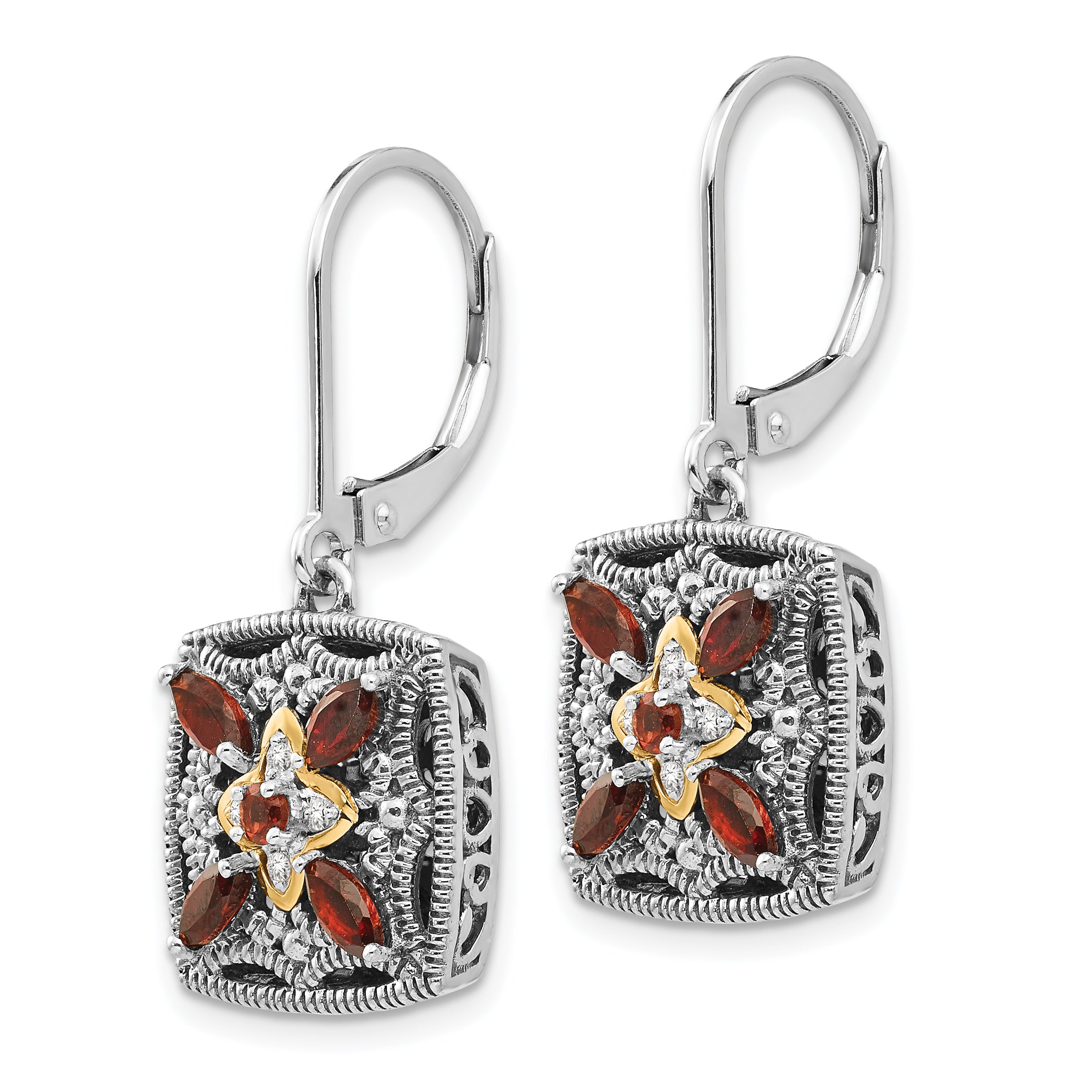 Sterling Silver 14K Gold Garnet and Diamond Antique Dangle Earrings Secondary image
