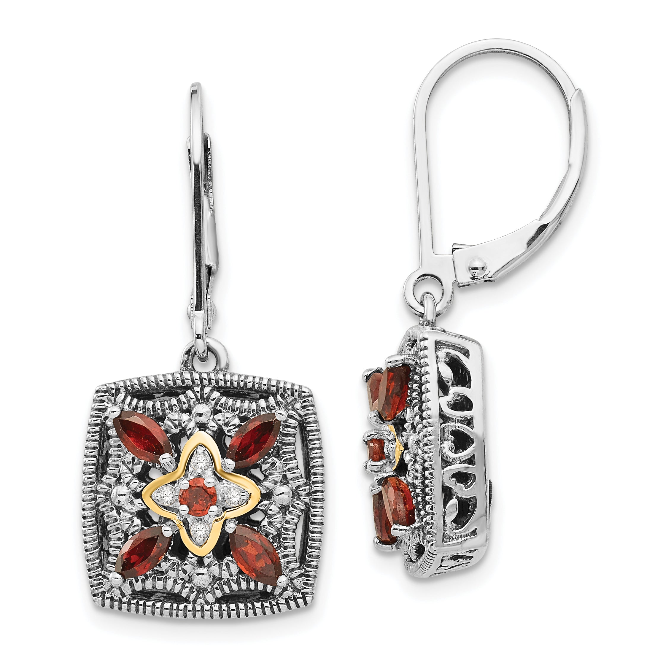 Shey Couture Sterling Silver with 14K Accent Antiqued Diamond and Marquise Garnet Leverback Earrings Main image