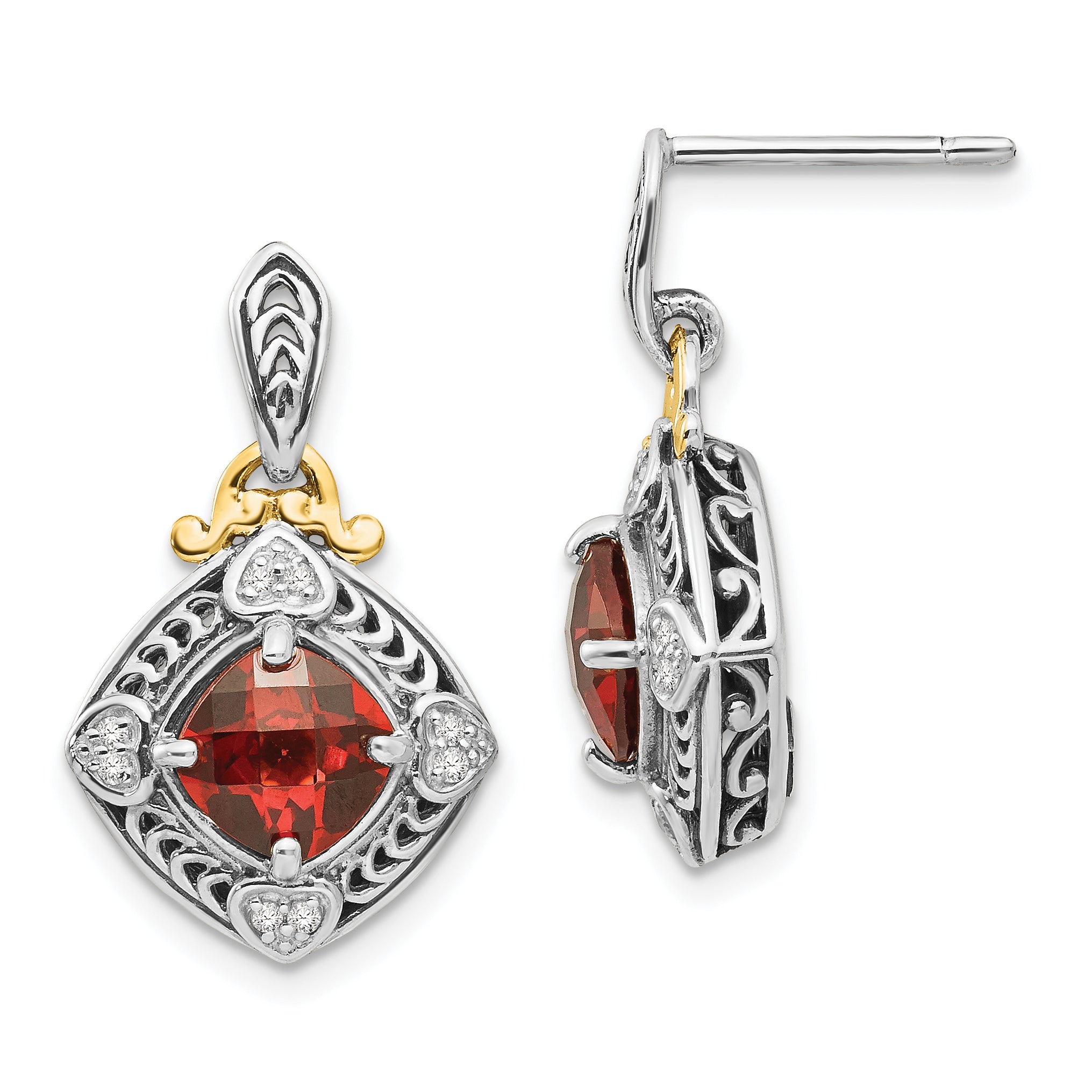 Shey Couture Sterling Silver with 14K Accent Antiqued Diamond and Cushion Garnet Post Dangle Earrings Main image