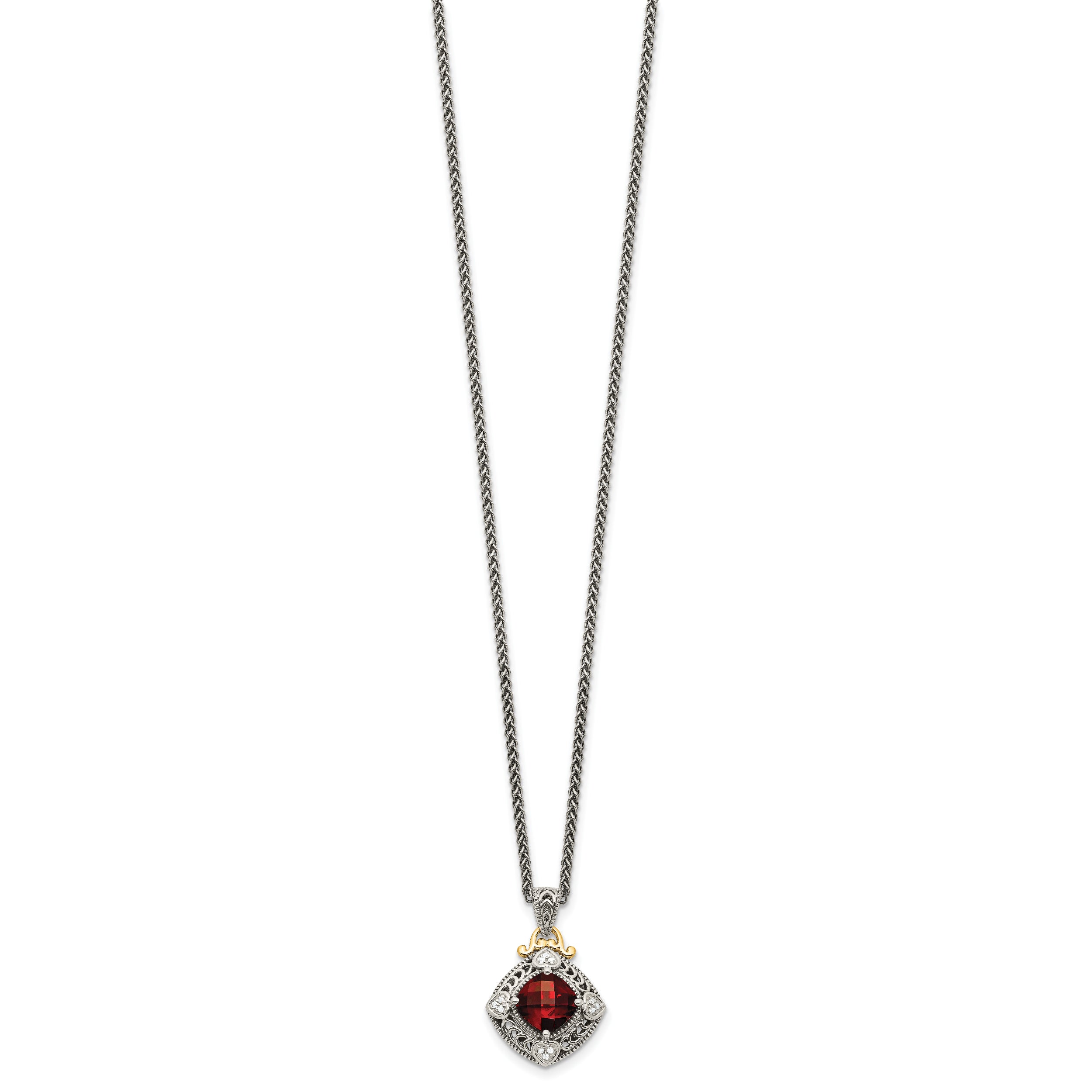 Shey Couture Sterling Silver with 14K Accent 18 Inch Antiqued Diamond and Cushion Checkerboard Garnet Necklace