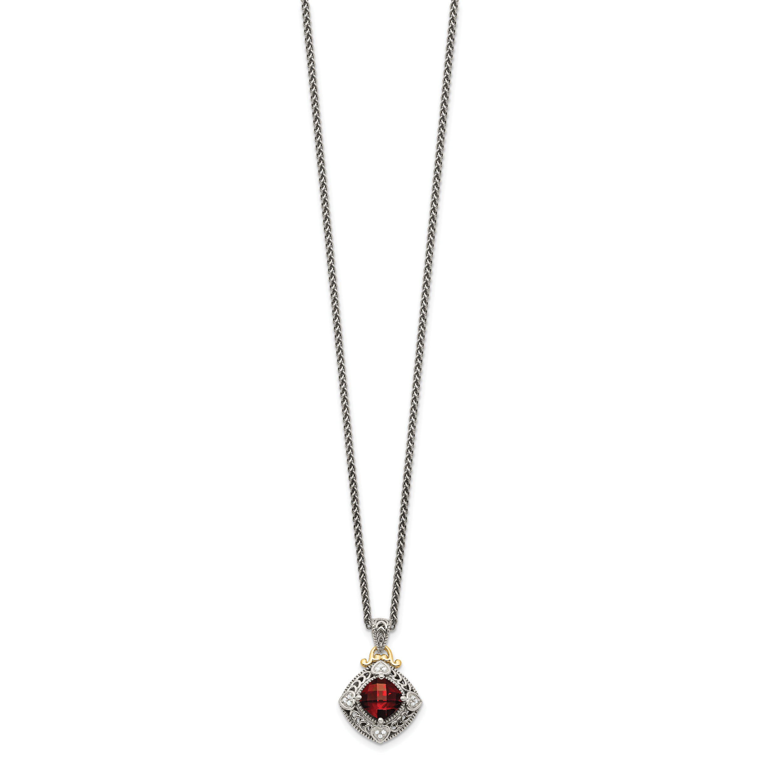 Shey Couture Sterling Silver with 14K Accent 18 Inch Antiqued Diamond and Cushion Checkerboard Garnet Necklace
