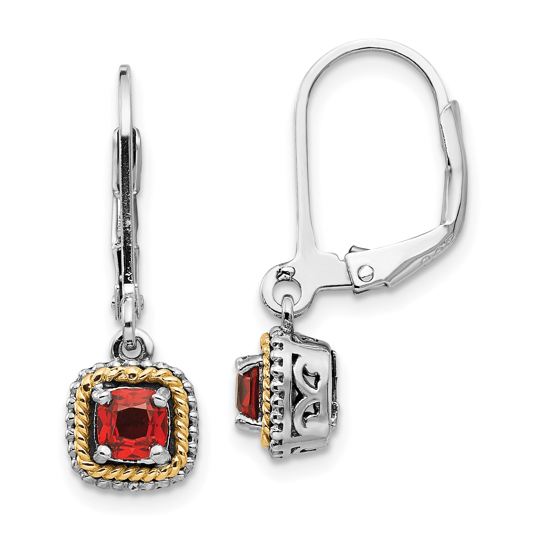 Shey Couture Sterling Silver with 14K Accent Antiqued Cushion Garnet Leverback Earrings Main image