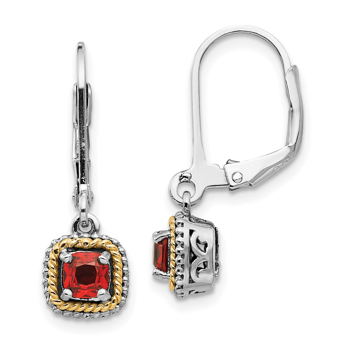 Shey Couture Sterling Silver with 14K Accent Antiqued Cushion Garnet Leverback Earrings