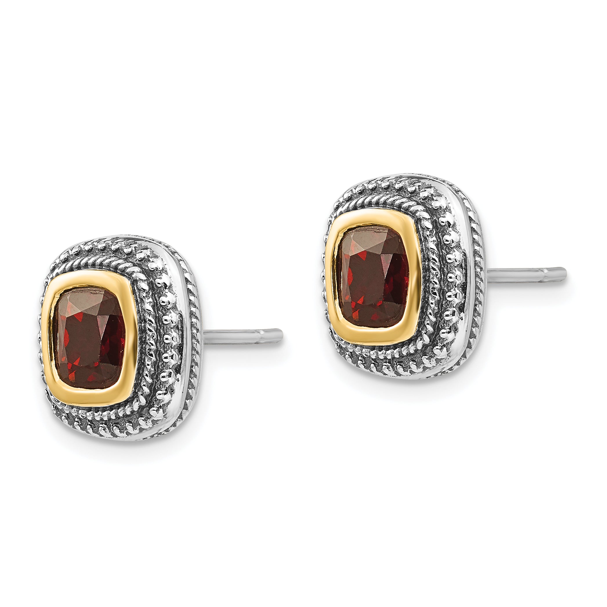 Shey Couture Sterling Silver with 14K Accent Antiqued Cushion Bezel Garnet Post Earrings