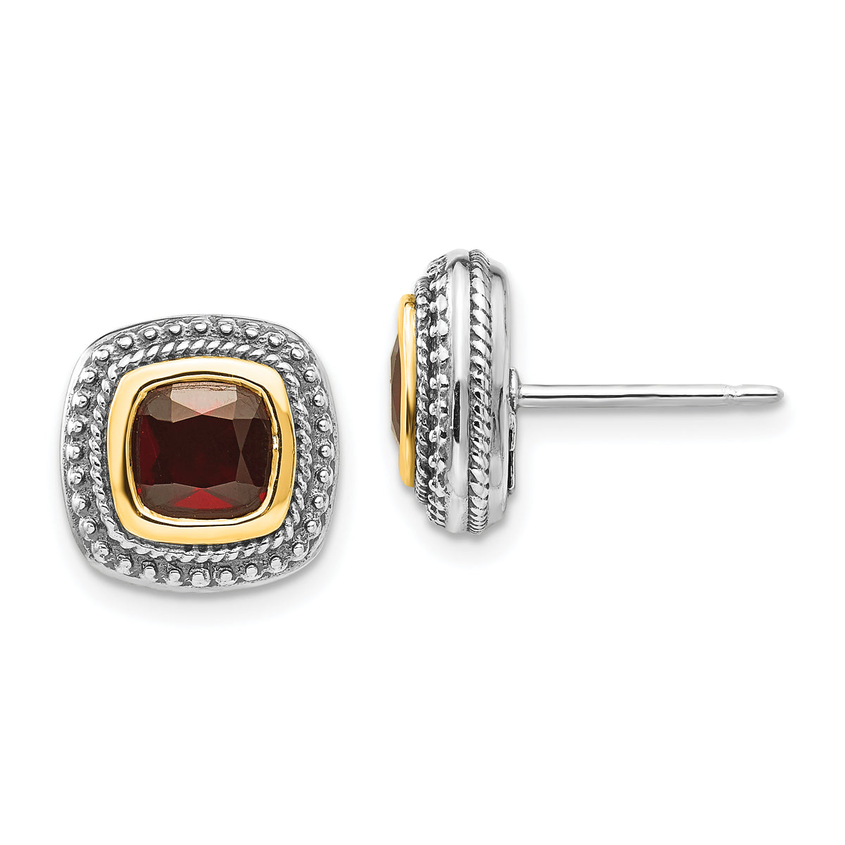 Shey Couture Sterling Silver with 14K Accent Antiqued Cushion Bezel Garnet Post Earrings