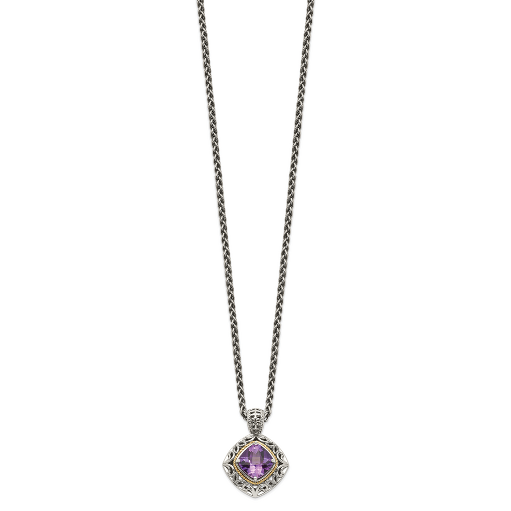 Shey Couture Sterling Silver with 14K Accent 18 Inch Antiqued Cushion Amethyst Necklace