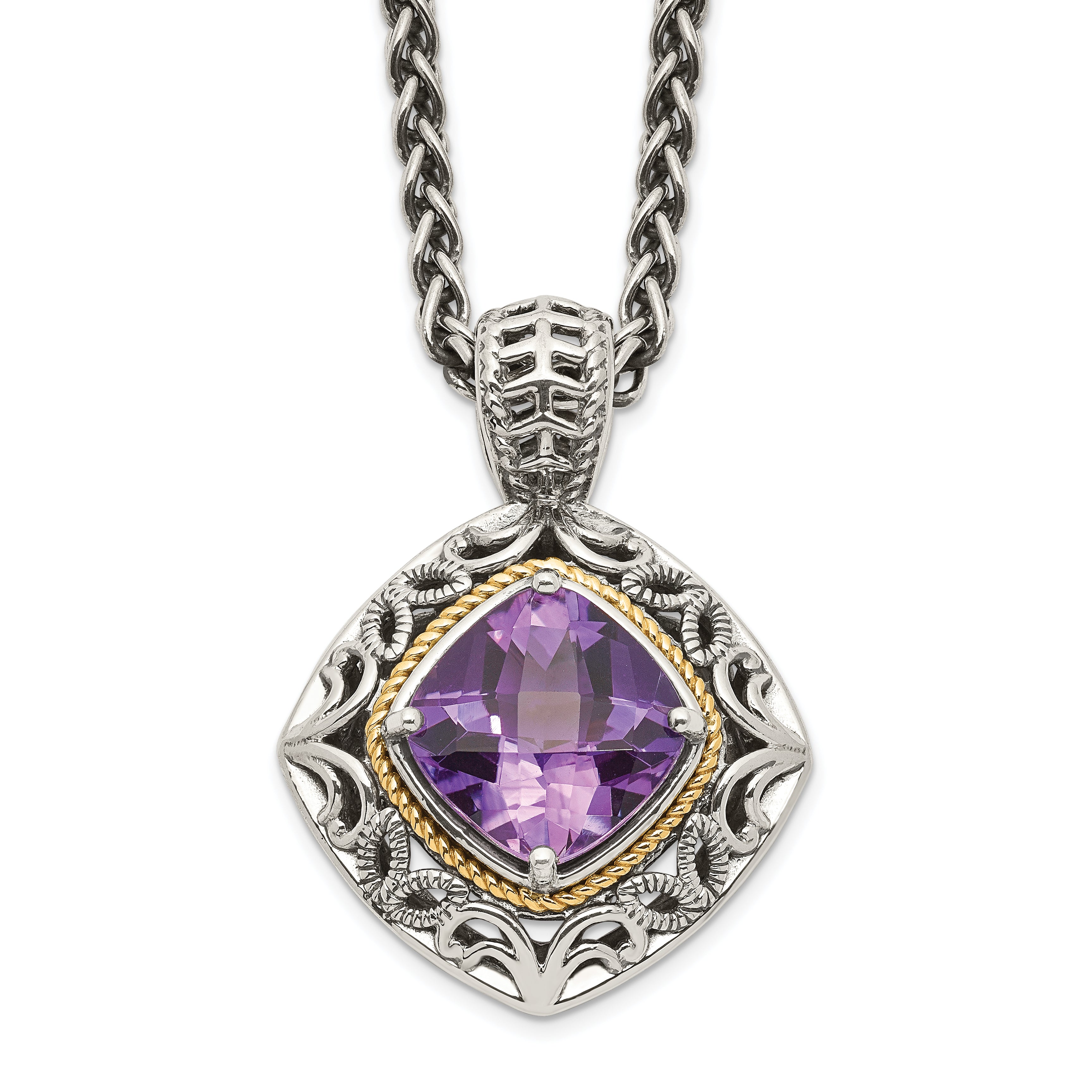 Shey Couture Sterling Silver with 14K Accent 18 Inch Antiqued Cushion Amethyst Necklace