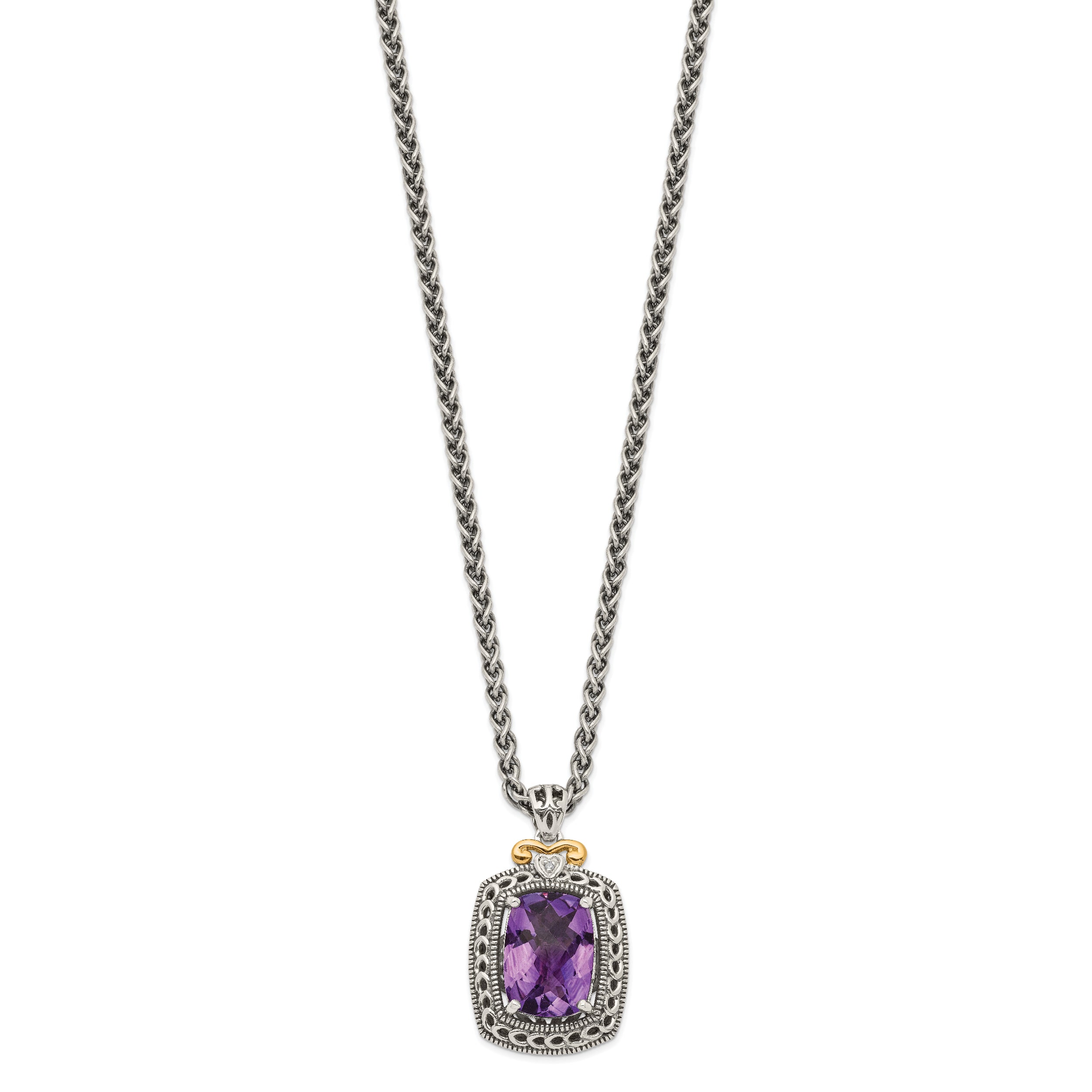 Shey Couture Sterling Silver with 14K Accent 18 Inch Antiqued Checkerboard-cut Cushion Amethyst and Diamond Necklace