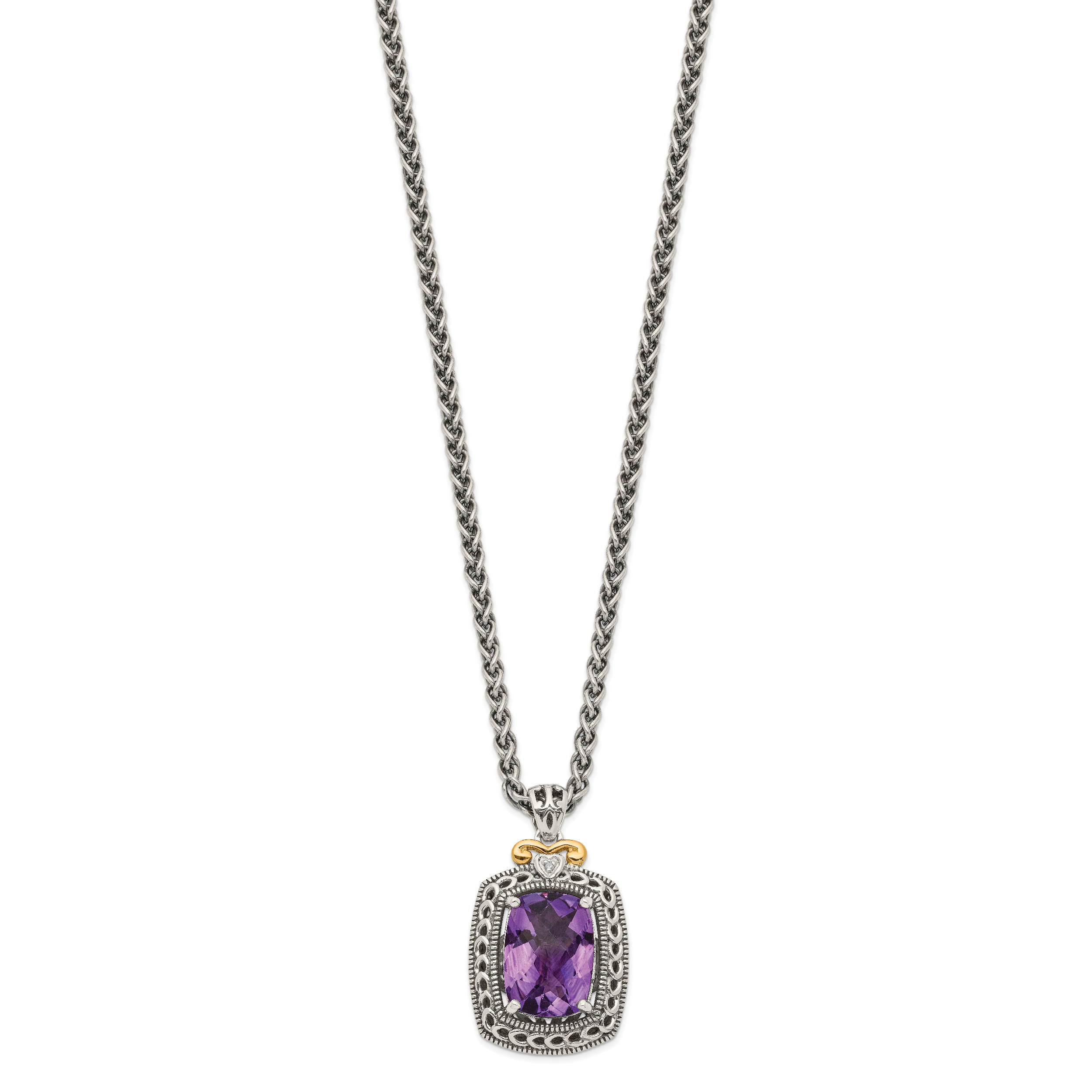Shey Couture Sterling Silver with 14K Accent 18 Inch Antiqued Checkerboard-cut Cushion Amethyst and Diamond Necklace
