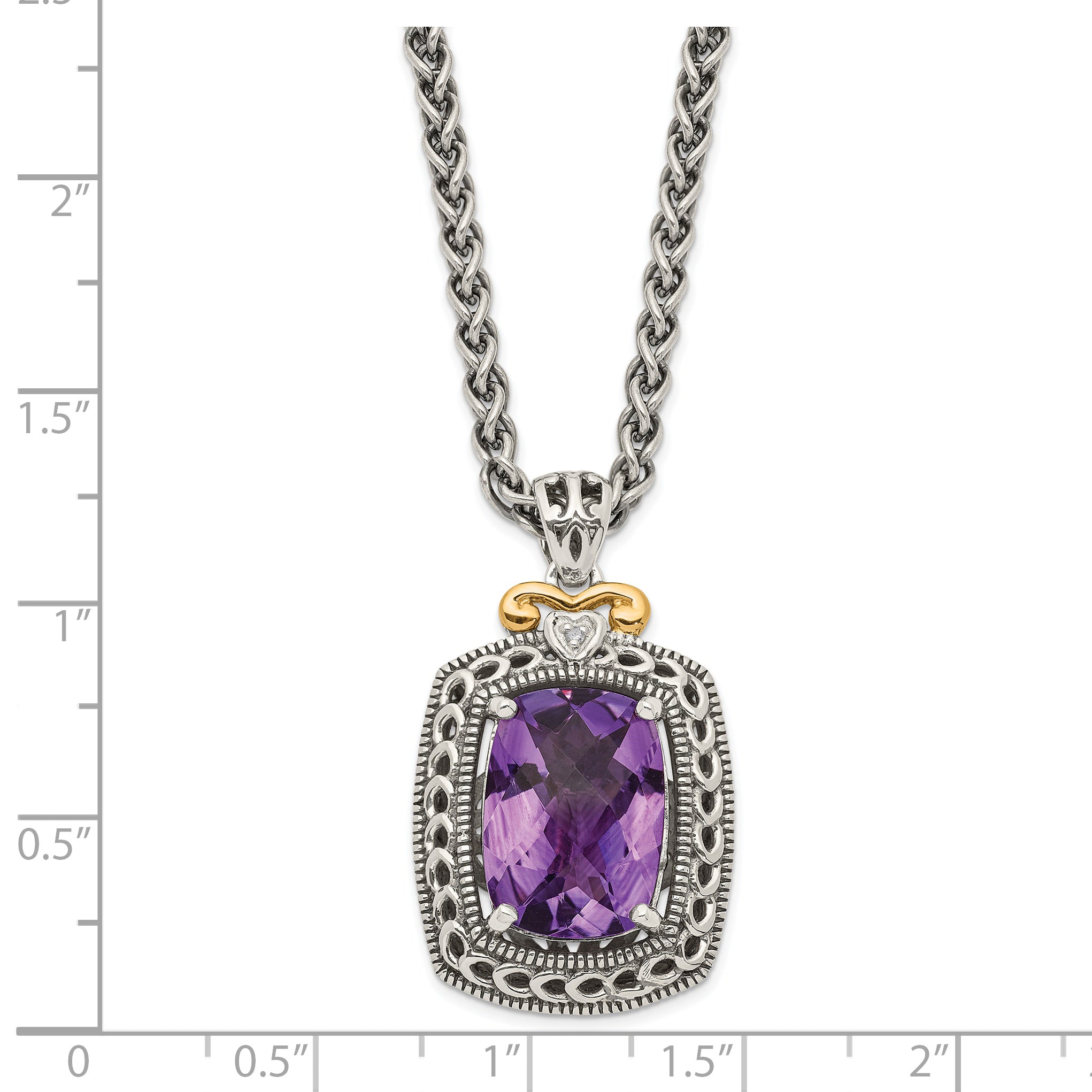 Shey Couture Sterling Silver with 14K Accent 18 Inch Antiqued Checkerboard-cut Cushion Amethyst and Diamond Necklace