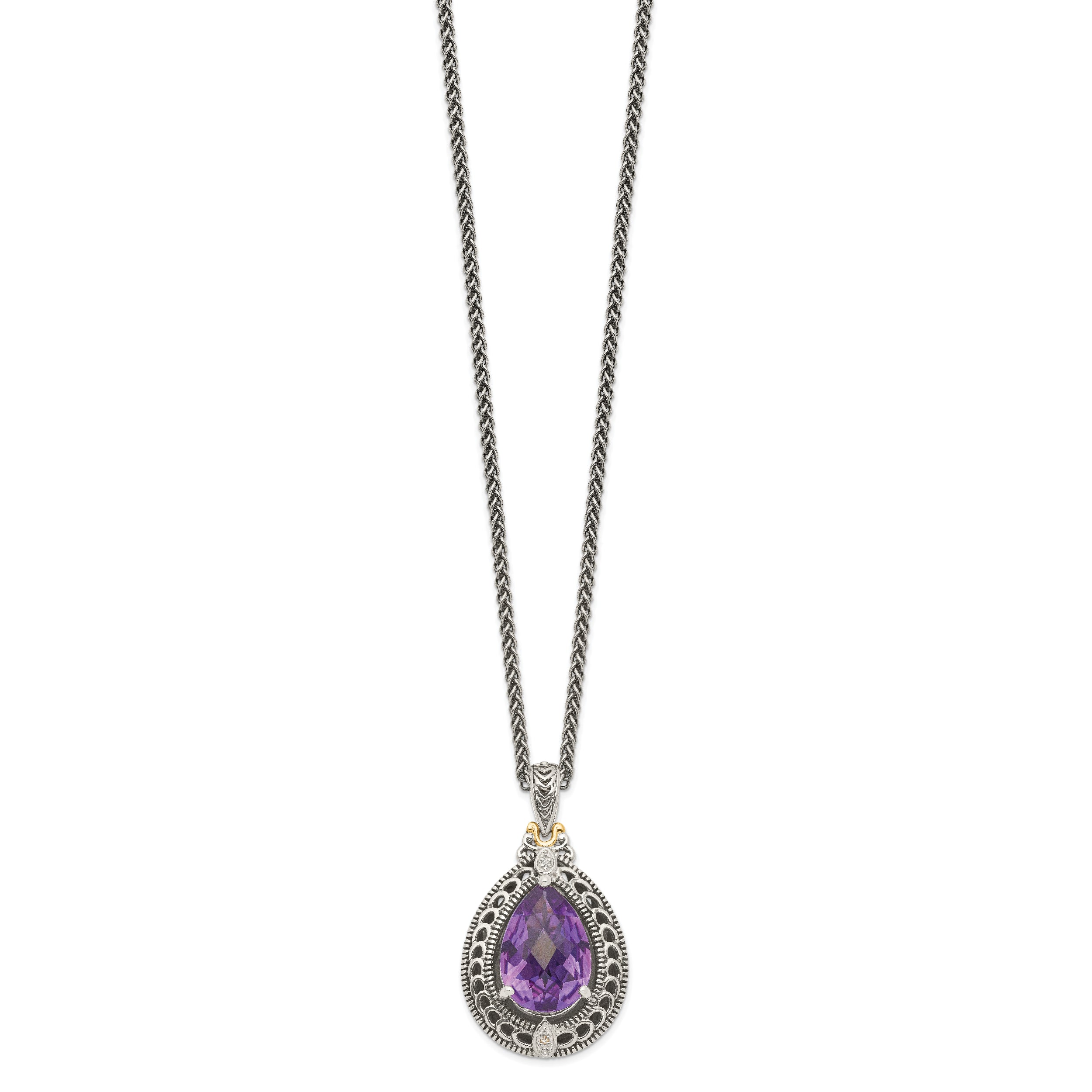 Shey Couture Sterling Silver with 14K Accent 18 Inch Antiqued Diamond and Pear Shaped Amethyst Necklace